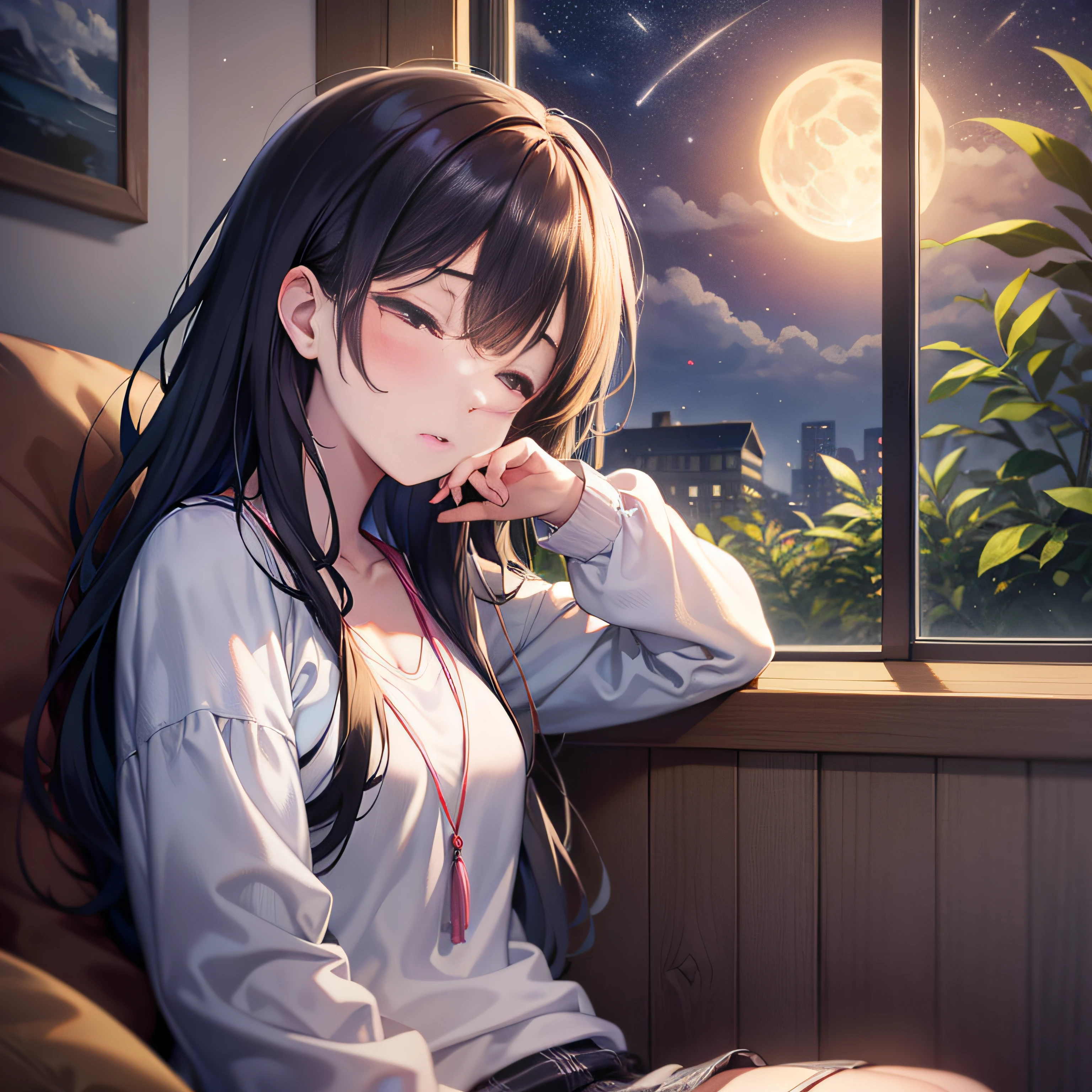 Cartoon of a girl sitting in front of a window against the background of the moon, calm night. digital illustration, sleepy , late night, sleepy face, sleepy face, pastel, summer night, summer, summer clothes