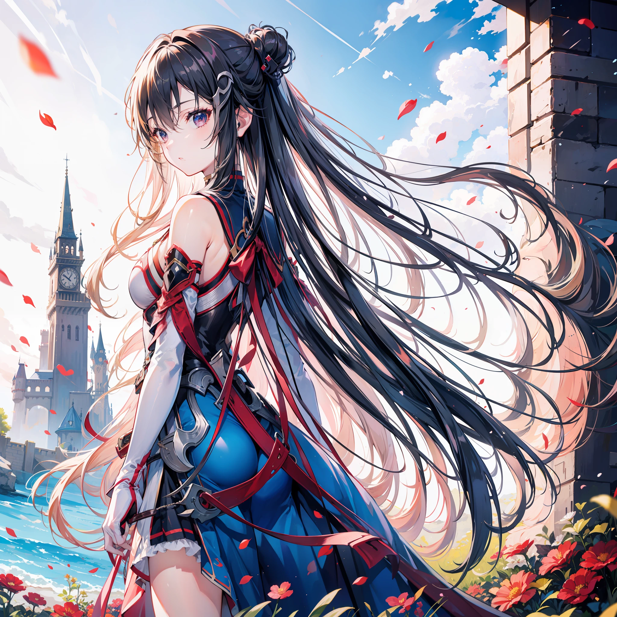 Asuna yuuki, in an open field with flowers and a floating castle in the background