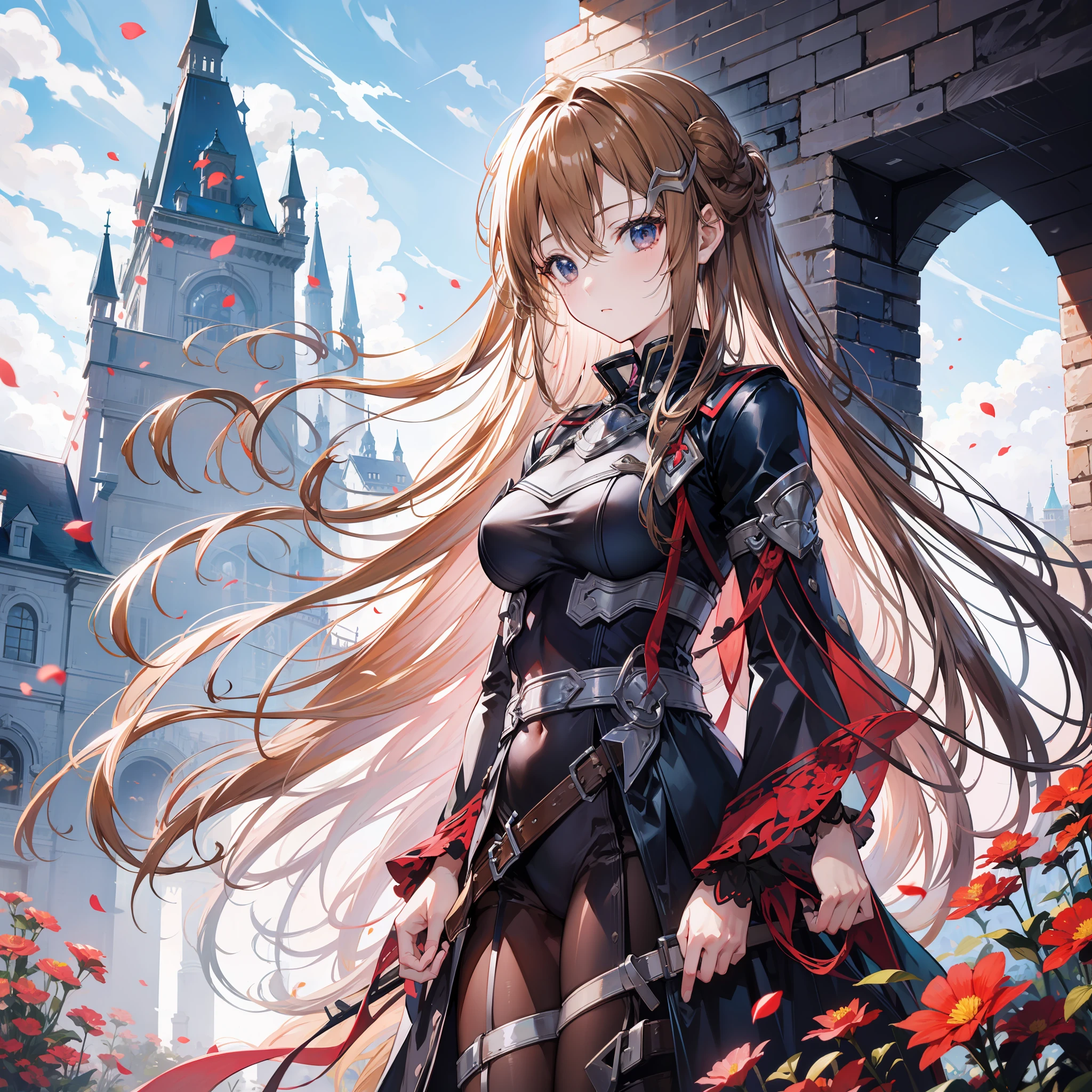 Asuna yuuki, in an open field with flowers and a floating castle in the background