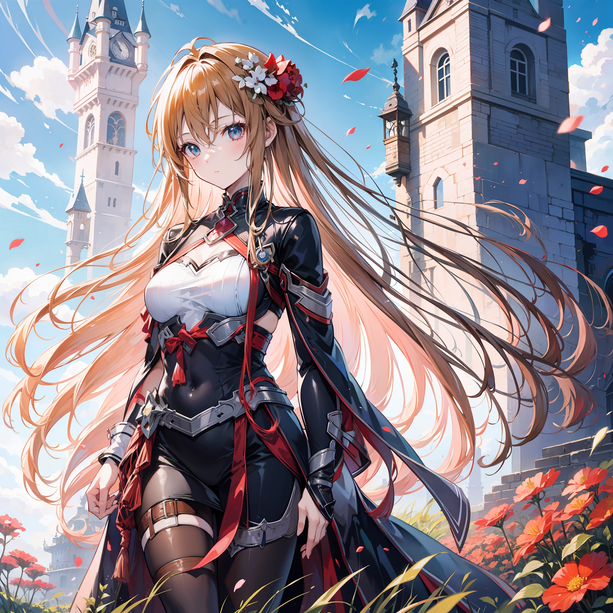 Asuna yuuki, in an open field with flowers and a floating castle in the background