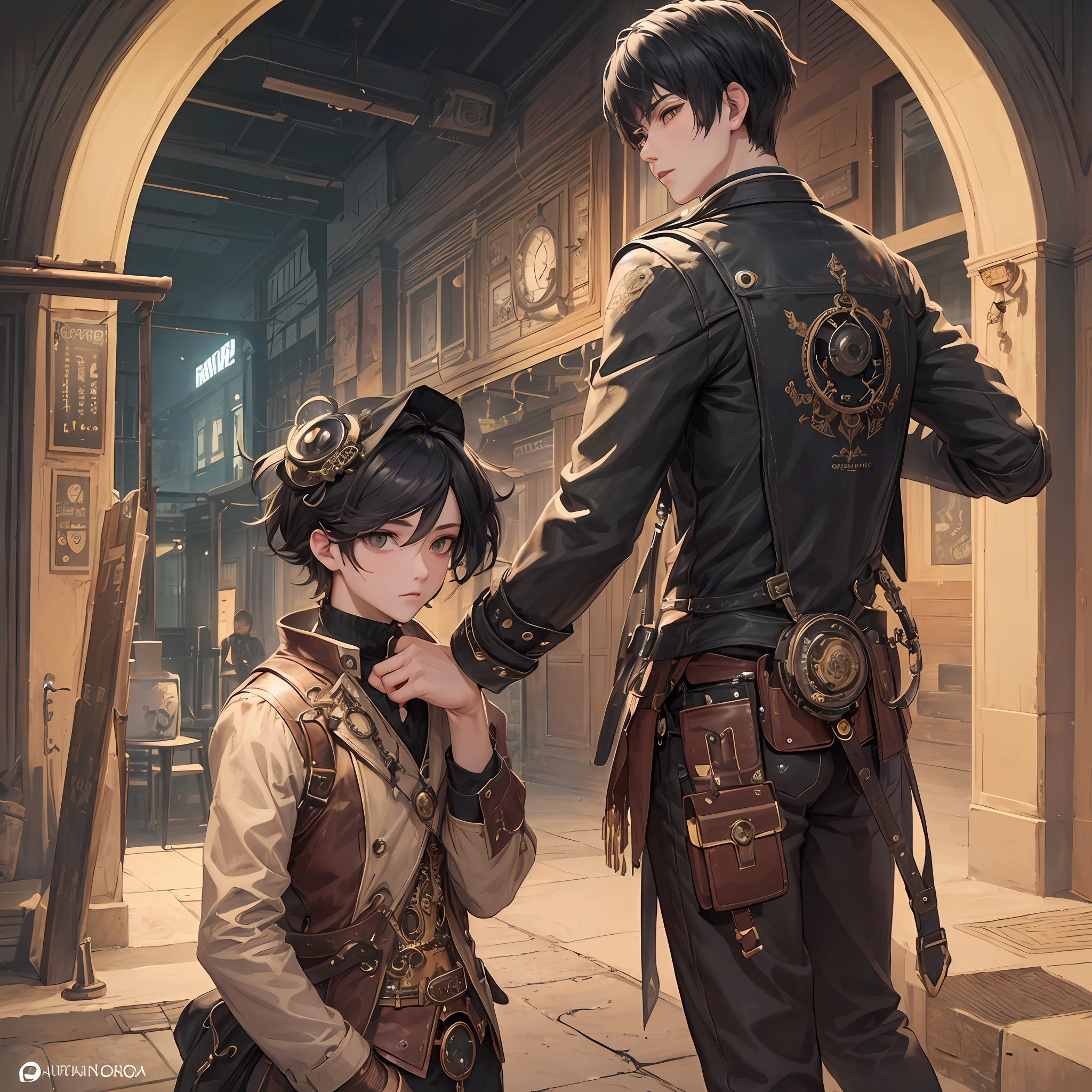 (Masterpiece, Top Quality, Best Quality, Official Art, Beautiful and Aesthetic: 1.2), (1 Boy: 1.3), Very Detailed, (Steampunk: 1.2), Black Hair with Bangs, Colorful, Best Detail, Yang Junchen's Steam Punkai Style, Iridescent, K-Pop, Black Clothes, BTS, Music Video, --auto