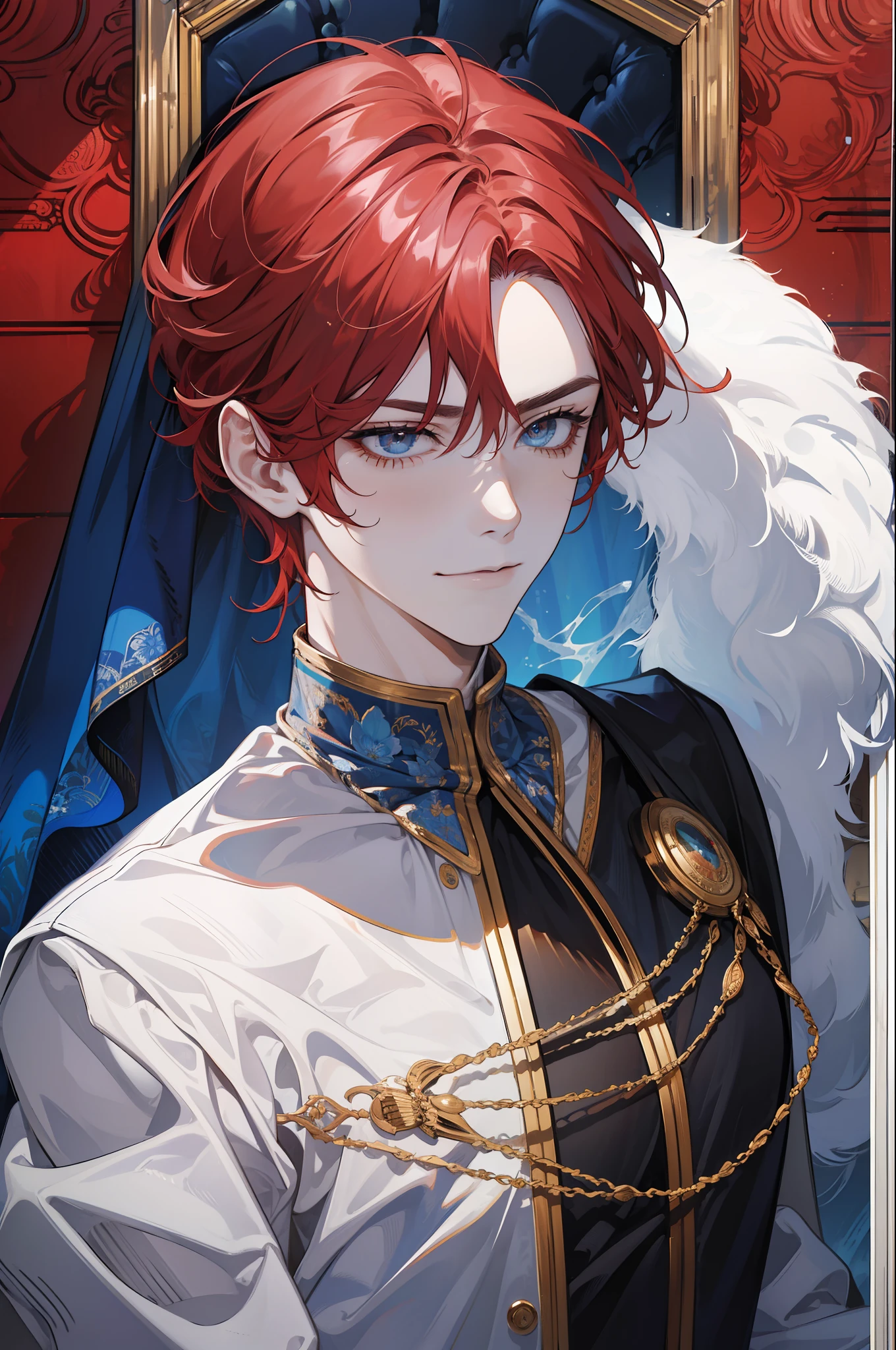 (absurdres, highres, ultra detailed), 1 male, adult, handsome, tall guy, broad shoulders, finely detailed eyes, red color hair, fantasy, complex pattern, detailed face, throne, magic effect, best ratio four finger and one thumb, fire, smirking, cold snap, (dutch angle), closed mouth