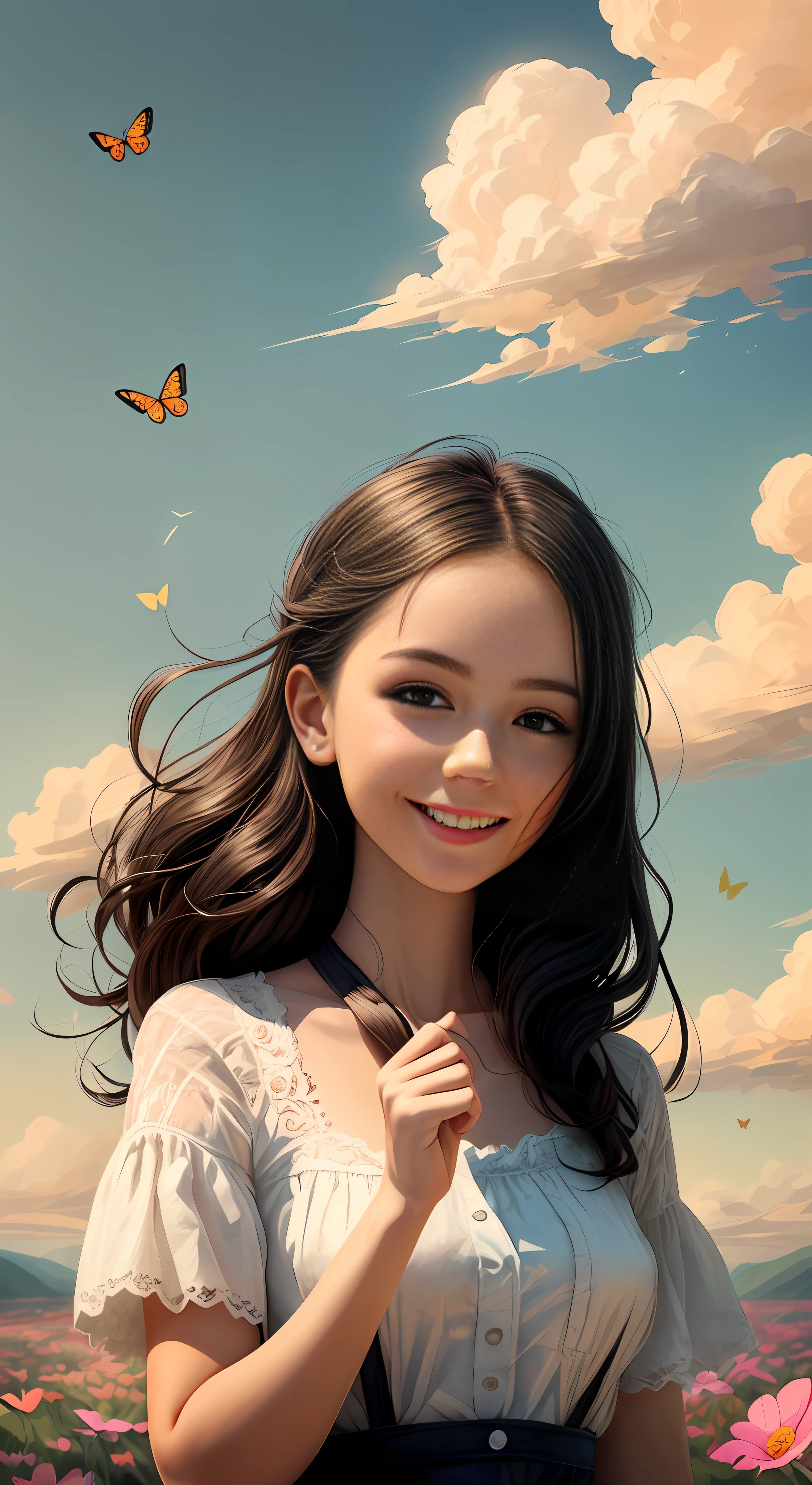 Illustration of a girl 10 years, blonde "happy" in a field of flowers, blue sky of clouds, playing with butterflies, beautiful illustration, beautiful painting, beautiful art UHD 4k, beautiful art, a beautiful art illustration, art in the style of guweiz, beautiful painting, atey ghailan 8k, artgerm and atey ghailan, girl 10 years, happy blonde in a field of flowers, playing with butterflies, (butterflies). (best quality, masterpiece), 1girl, pose, particle, wind, flower, full body, garden background, looking at butterflies. --auto