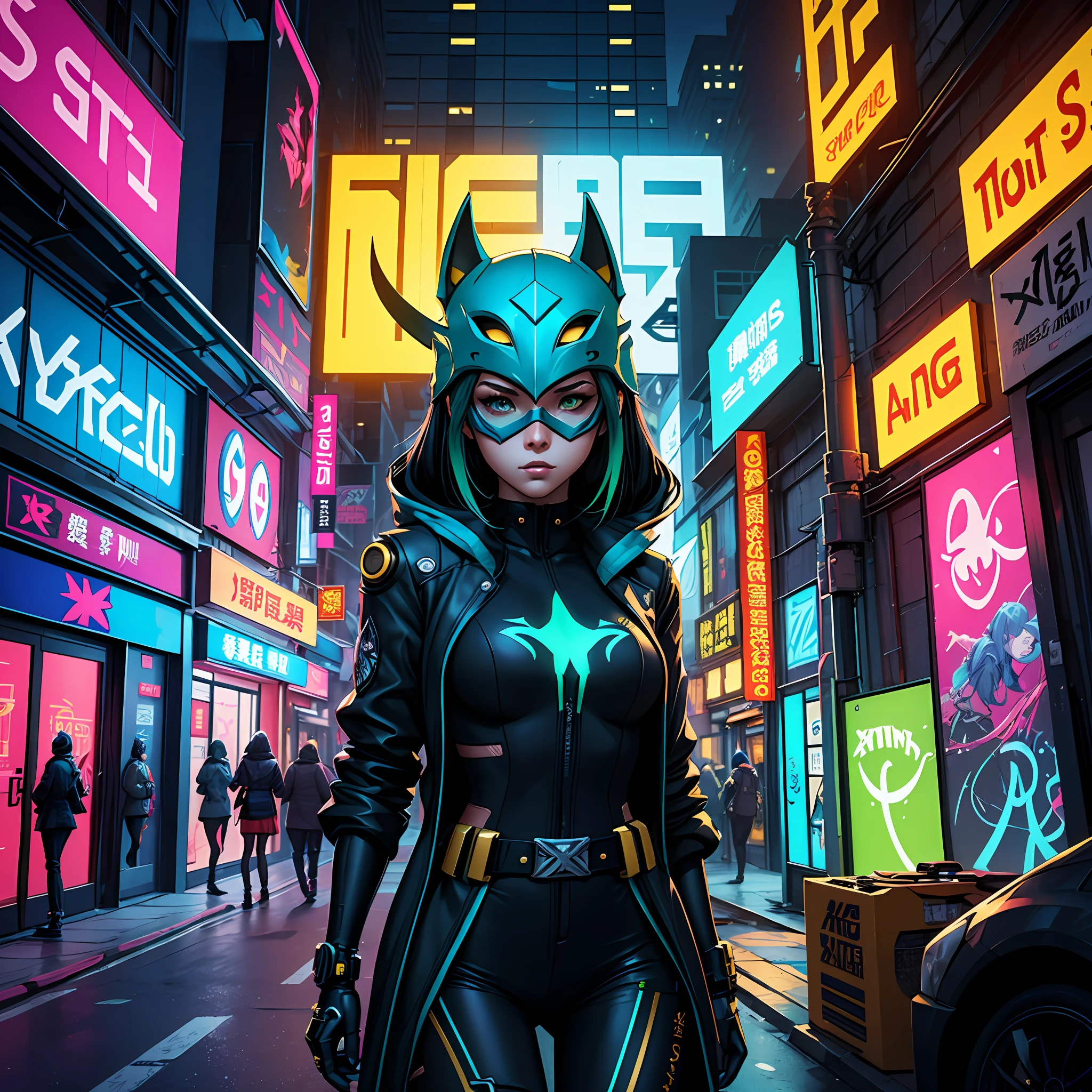 a woman wearing a green and blue mask, in the style of cyberpunk manga, blue and gold, daz3d, cute and colorful, mechanical designs, the stars art group (xing xing), colorful graffiti-like --auto