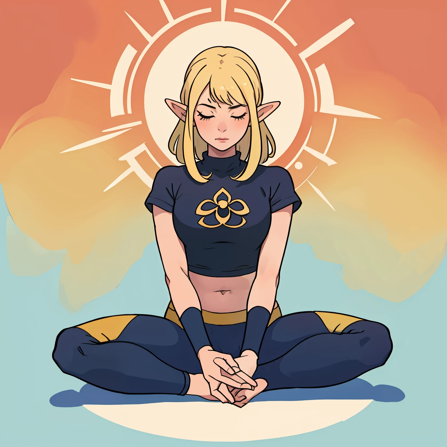 elf girl, yoga pants, white top, blonde hair, woman sitting on the floor in a yoga pose with her hands crossed, sitting pose, sitting dynamic pose, sitting cross-legged, meditation pose, meditating pose, lotus pose, sitting on bent knees, relaxed pose, stoic pose, meditative sacral pose, symmetrical pose, squatting pose, seductive seated pose, in a chill position, yoga meditation pose