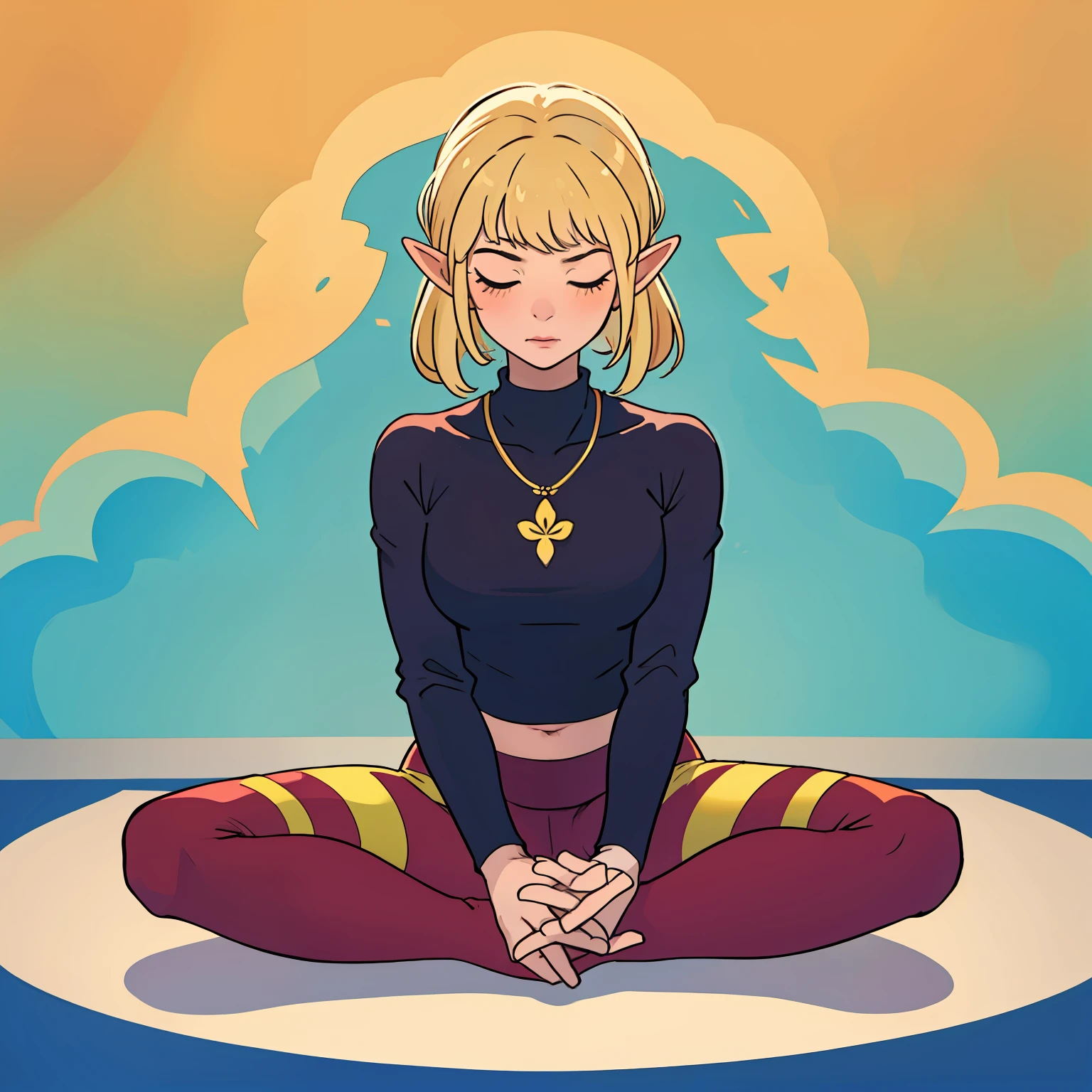 elf girl, yoga pants, white top, blonde hair, woman sitting on the floor in a yoga pose with her hands crossed, sitting pose, sitting dynamic pose, sitting cross-legged, meditation pose, meditating pose, lotus pose, sitting on bent knees, relaxed pose, stoic pose, meditative sacral pose, symmetrical pose, squatting pose, seductive seated pose, in a chill position, yoga meditation pose
