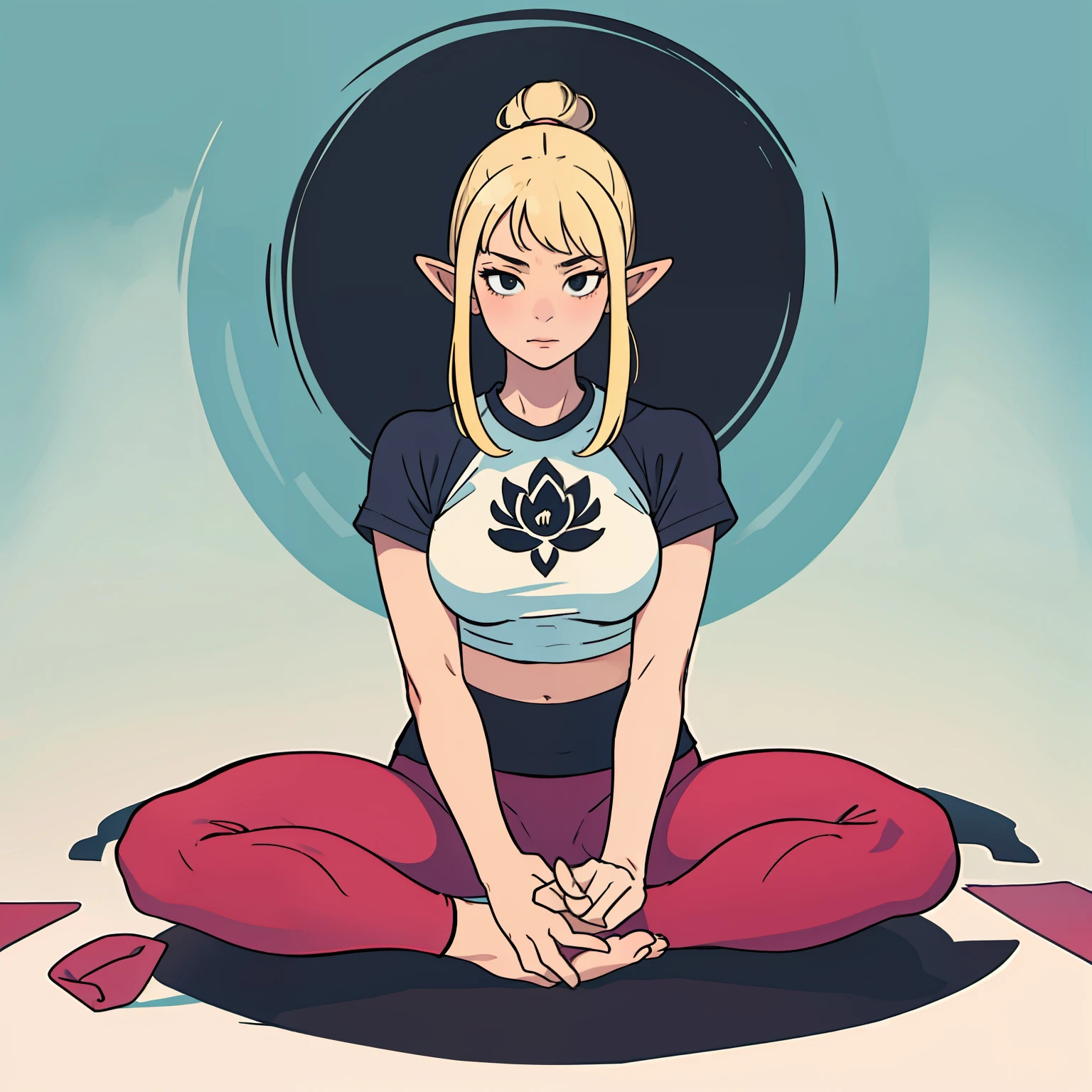 elf girl, yoga pants, white top, blonde hair, woman sitting on the floor in a yoga pose with her hands crossed, sitting pose, sitting dynamic pose, sitting cross-legged, meditation pose, meditating pose, lotus pose, sitting on bent knees, relaxed pose, stoic pose, meditative sacral pose, symmetrical pose, squatting pose, seductive seated pose, in a chill position, yoga meditation pose