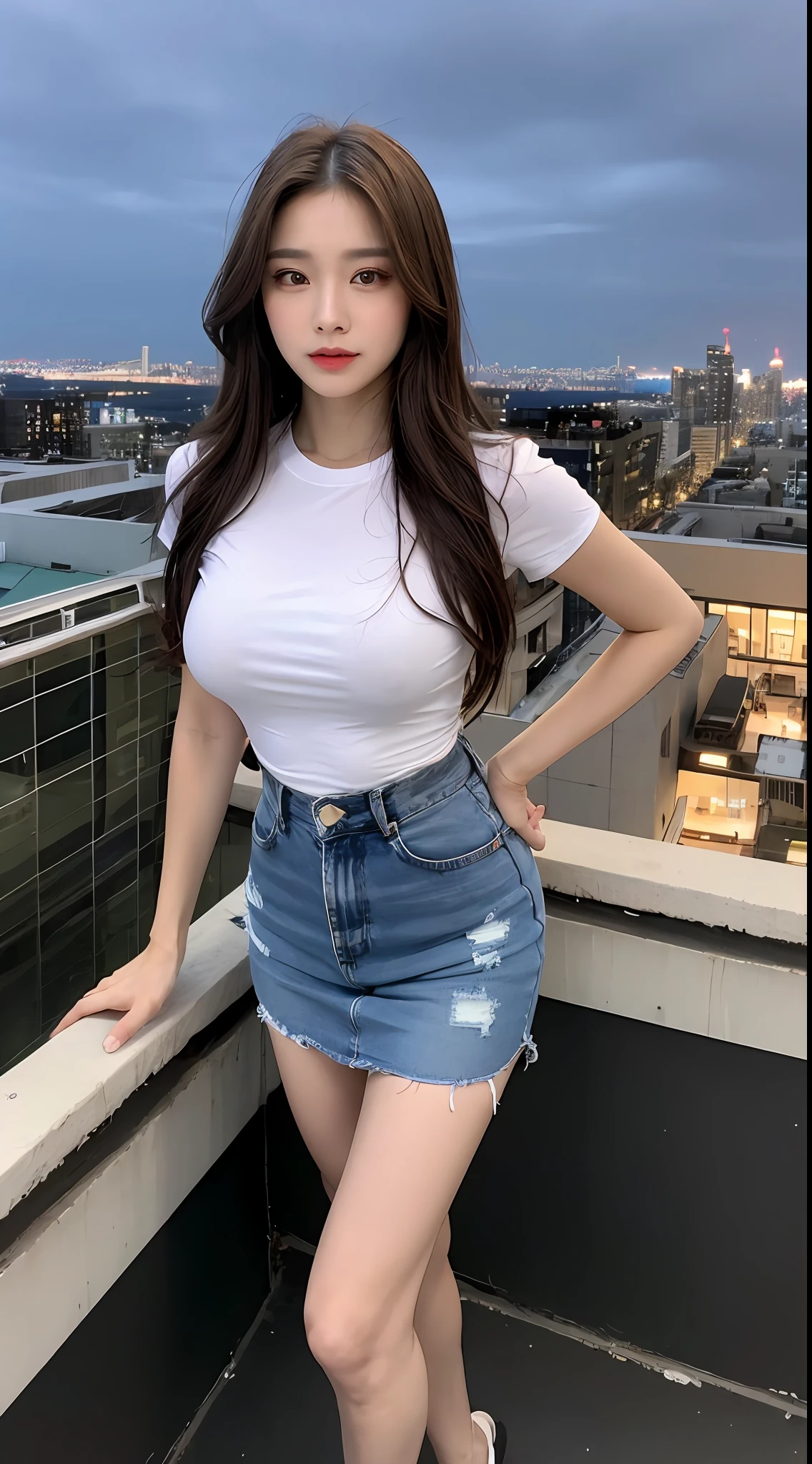 ((Midnight, Best quality, 8k, Masterpiece :1.3)), Whole body, Long legs, Sharp focus :1.2, A pretty woman with perfect figure :1.4, Slender abs :1.1, ((Dark brown hair, Big breasts :1.2)), (White tight tshirt, Jean bib, Standing:1.2), ((Night city view, Rooftop:1.3)), Highly detailed face and skin texture, Detailed eyes, Double eyelid