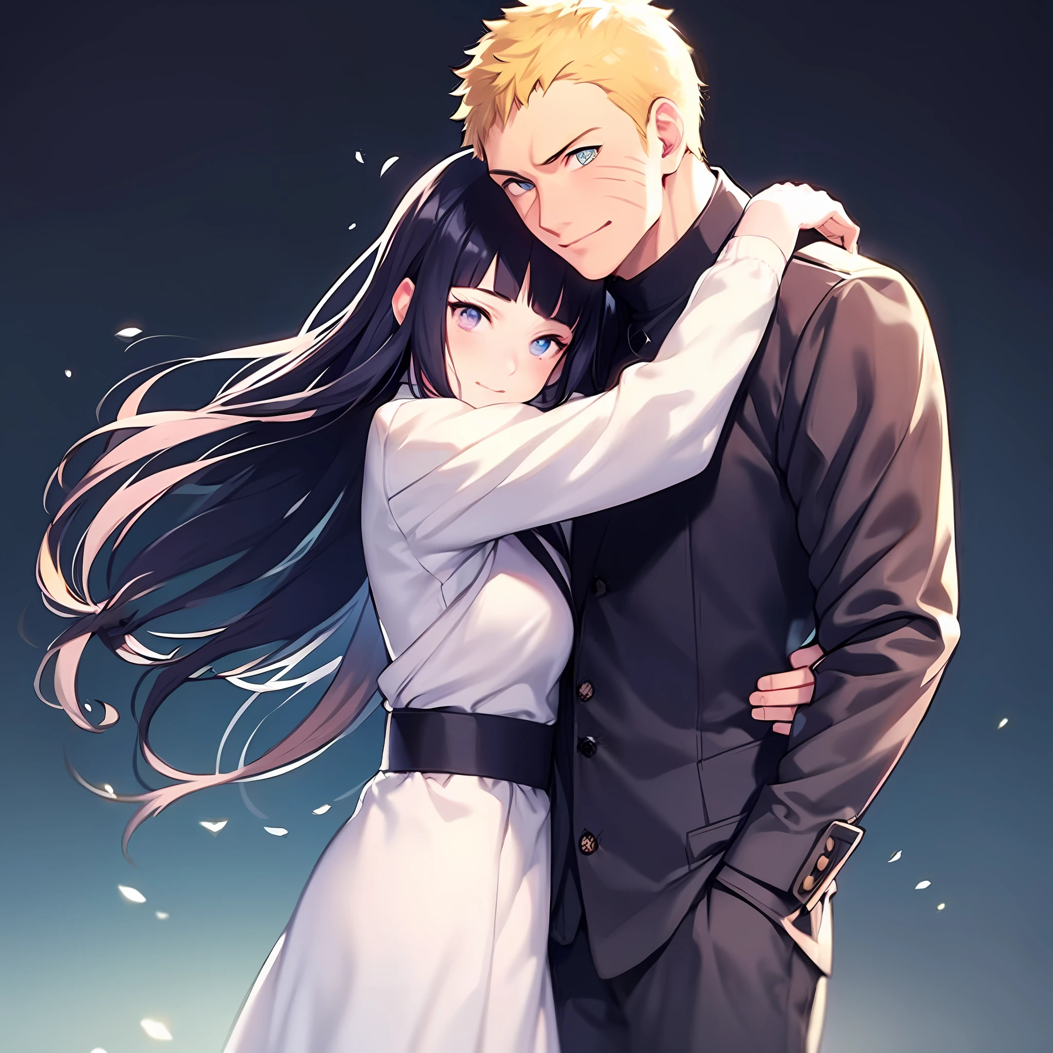 blonde man, dark blue hair girl, naruhina, hug, masterpiece, couple, standing, royalti, nobility