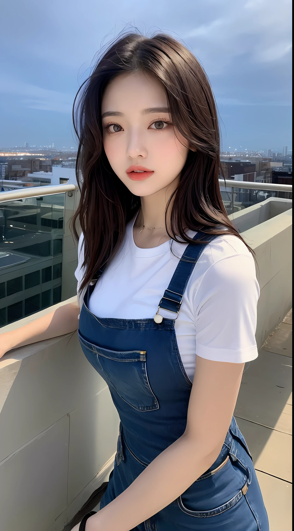 ((Midnight, Best quality, 8k, Masterpiece :1.3)), Whole body, Long legs, Sharp focus :1.2, A pretty woman with perfect figure :1.4, Slender abs :1.1, ((Dark brown hair, Big breasts :1.2)), (White tight tshirt, Jean bib, Standing:1.2), ((Night city view, Rooftop:1.3)), Highly detailed face and skin texture, Detailed eyes, Double eyelid