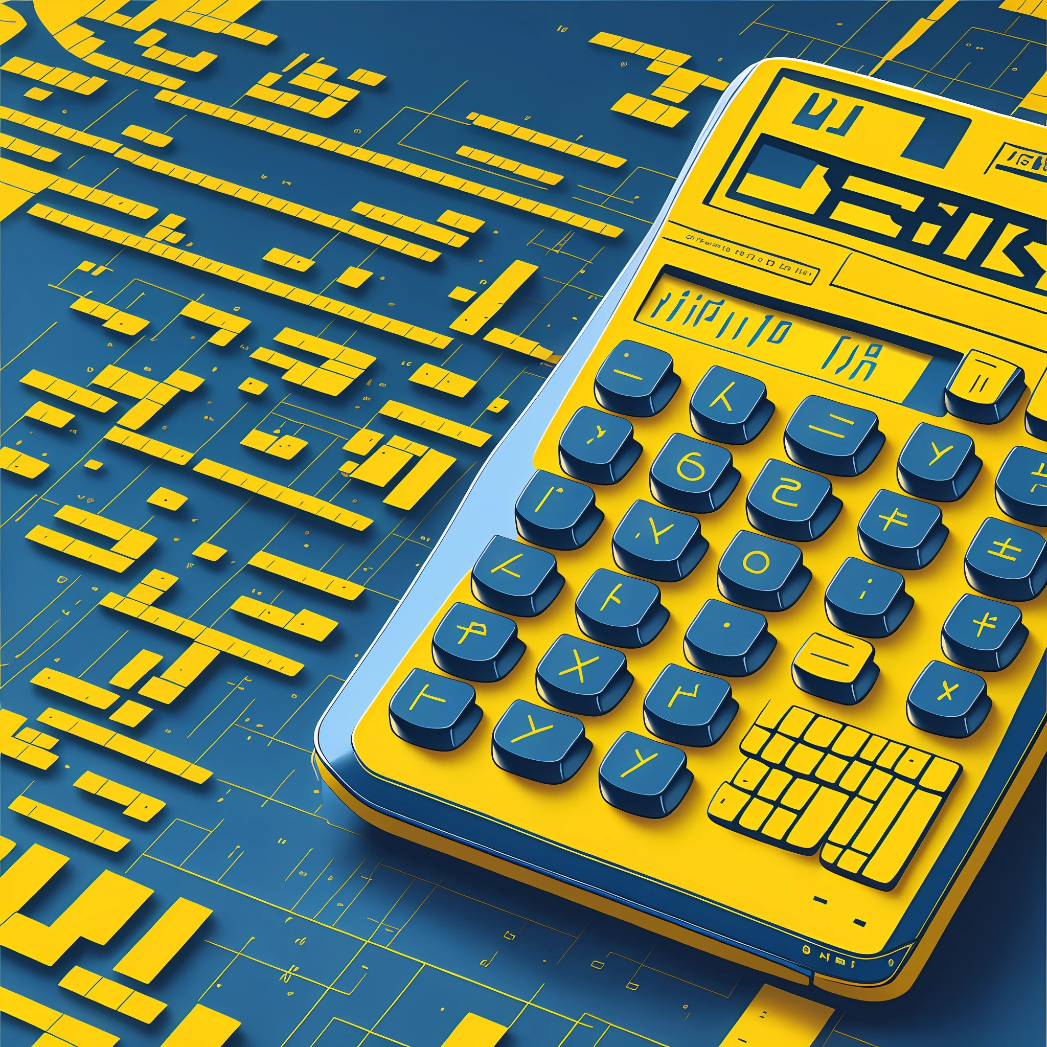 Illustrate a Casio Calculator, against a blue yellow backgroun to convey a sense of optimism, front view, BRAUN, minimalist design, Dieter Rams,8k --auto --s2