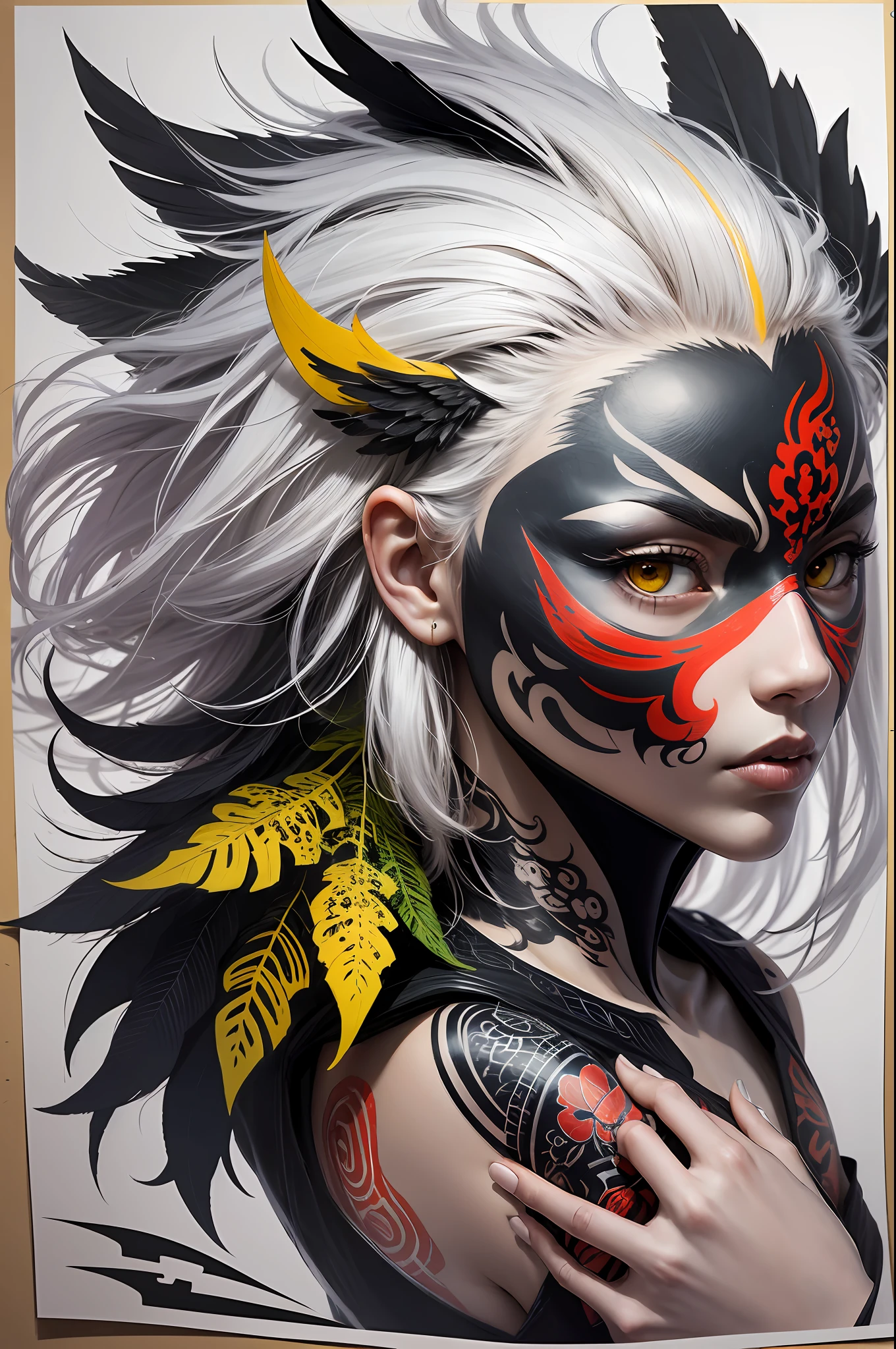 eagle bones neotraditional tattoo style subrealism leaves and oni mask contrast color between red light and yellow , in black ink liner draw backgground color white high details on hands flowers dark, high quality, highres, detail enhancement, best quality, high quality, highres, detail enhancement --auto --s2