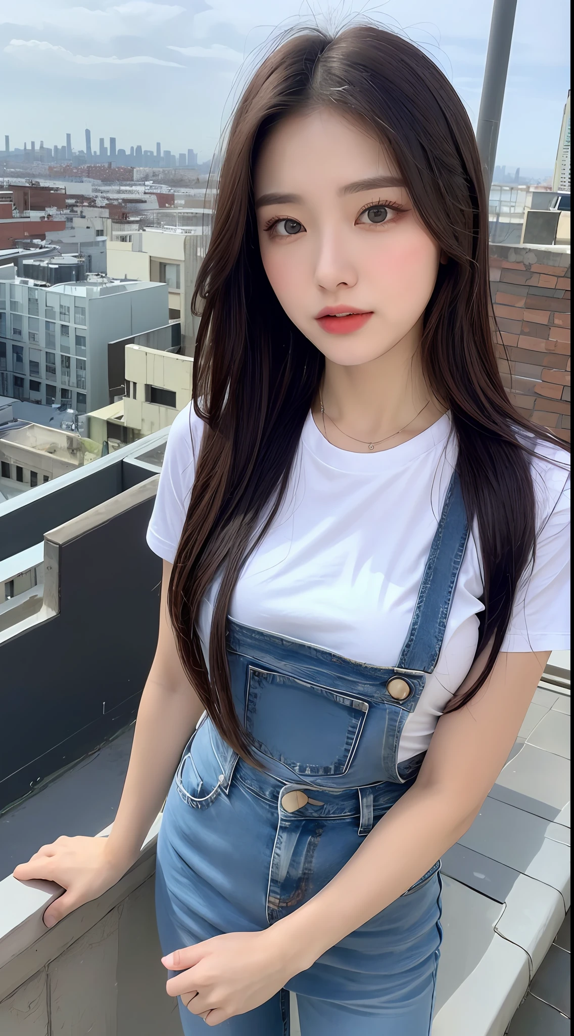 ((Midnight, Best quality, 8k, Masterpiece :1.3)), Whole body, Long legs, Sharp focus :1.2, A pretty woman with perfect figure :1.4, Slender abs :1.1, ((Dark brown hair, Big breasts :1.2)), (White tight tshirt, Jean bib, Standing:1.2), ((Night city view, Rooftop:1.3)), Highly detailed face and skin texture, Detailed eyes, Double eyelid