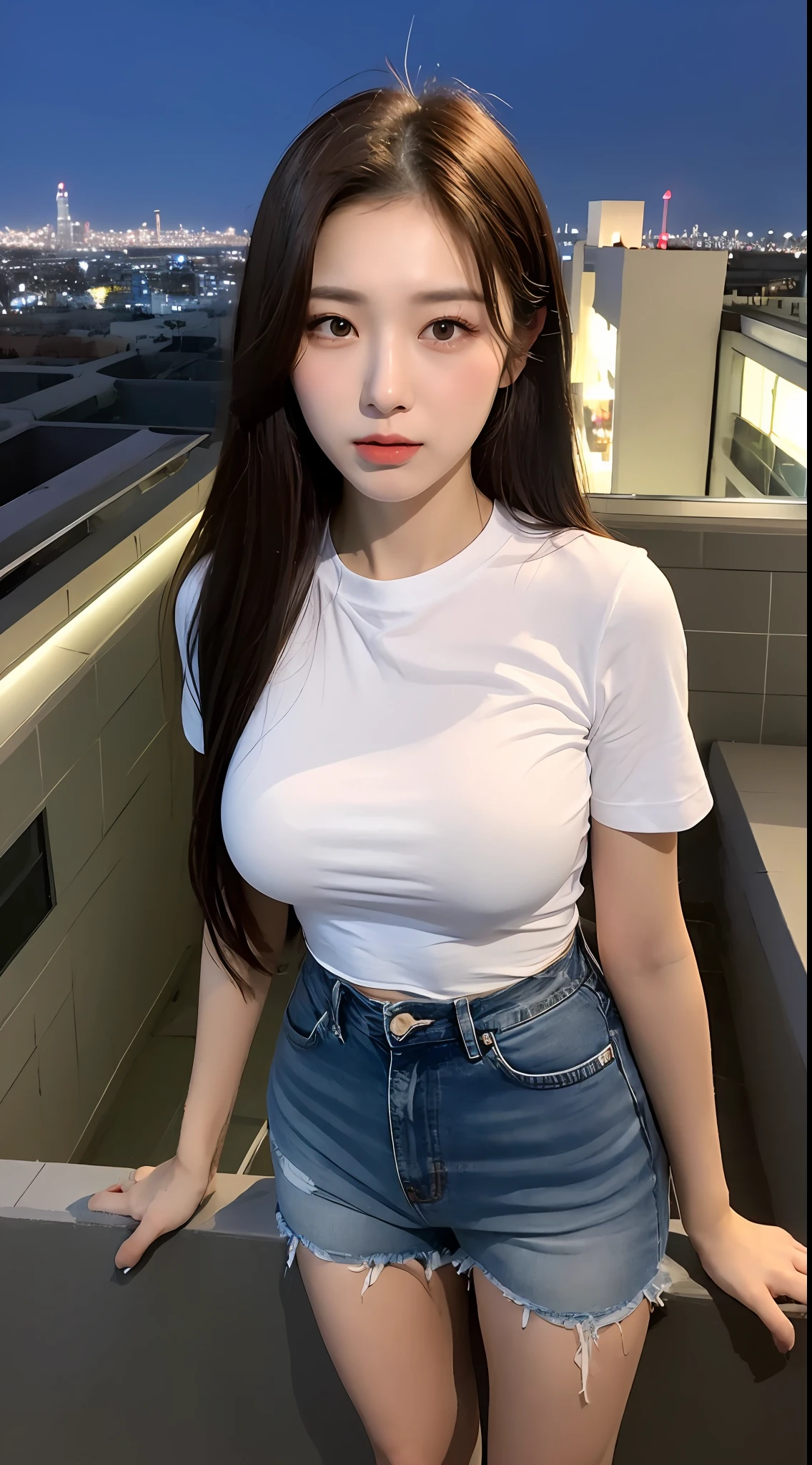 ((Midnight, Best quality, 8k, Masterpiece :1.3)), Whole body, Long legs, Sharp focus :1.2, A pretty woman with perfect figure :1.4, Slender abs :1.1, ((Dark brown hair, Big breasts :1.2)), (White tight tshirt, Jean bib, Standing:1.2), ((Night city view, Rooftop:1.3)), Highly detailed face and skin texture, Detailed eyes, Double eyelid