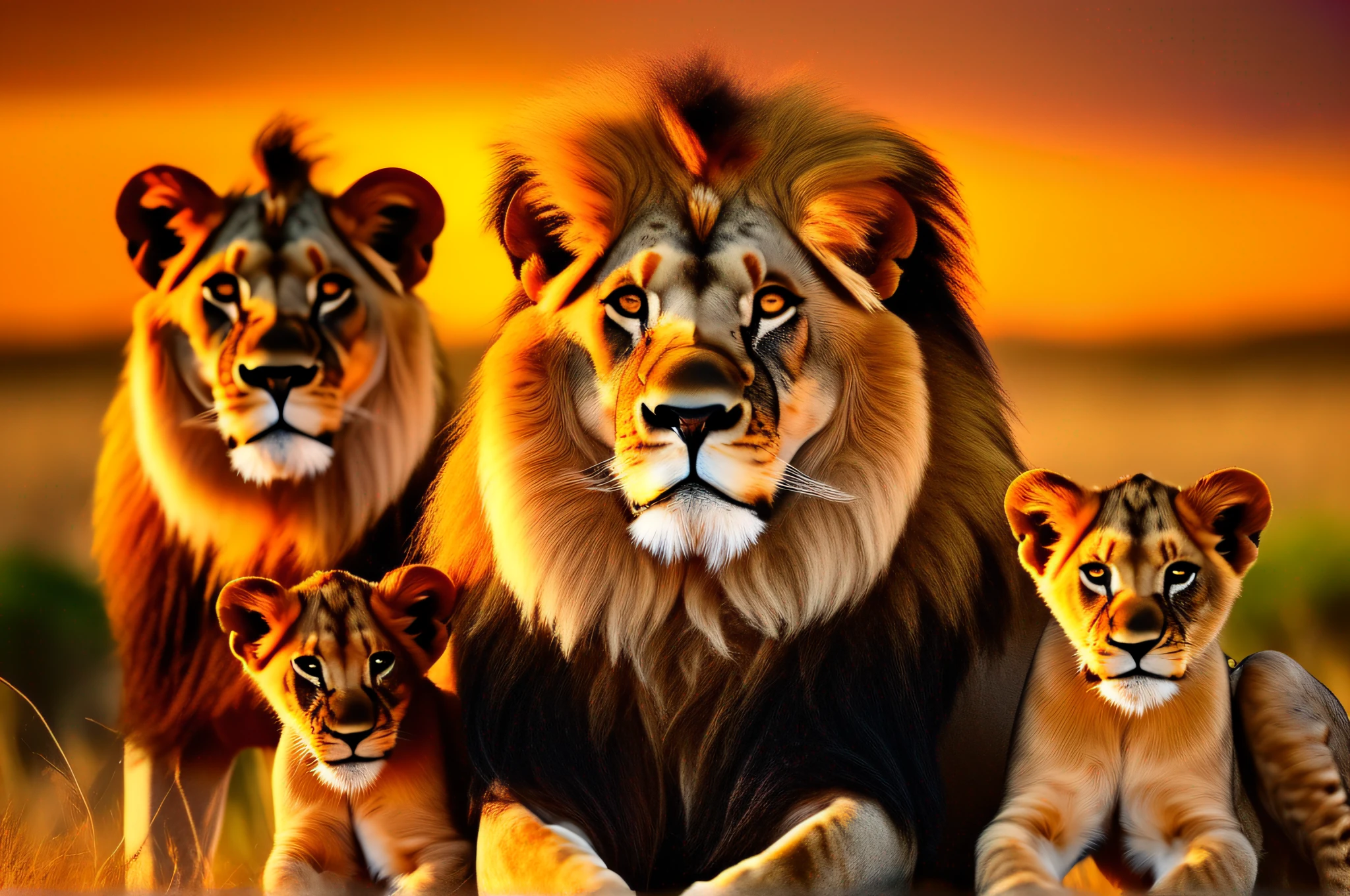 Realistic photography, fierce lion of majestic mane, black eyes, African savannah, vivid colors, intricate details, vivid colors, sunset afternoon, lion family with cubs