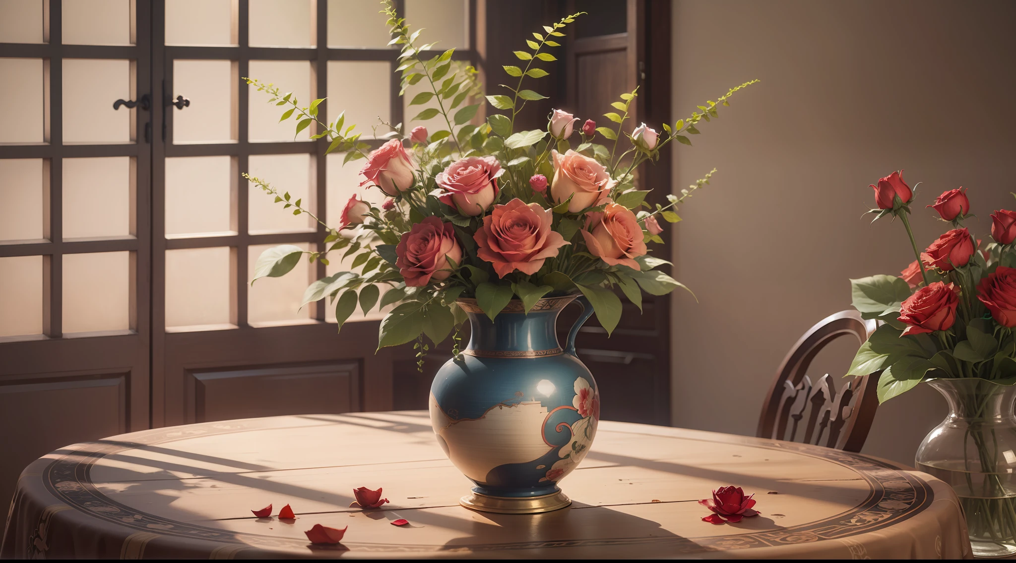 a vase of withered roses on a table, oriental house