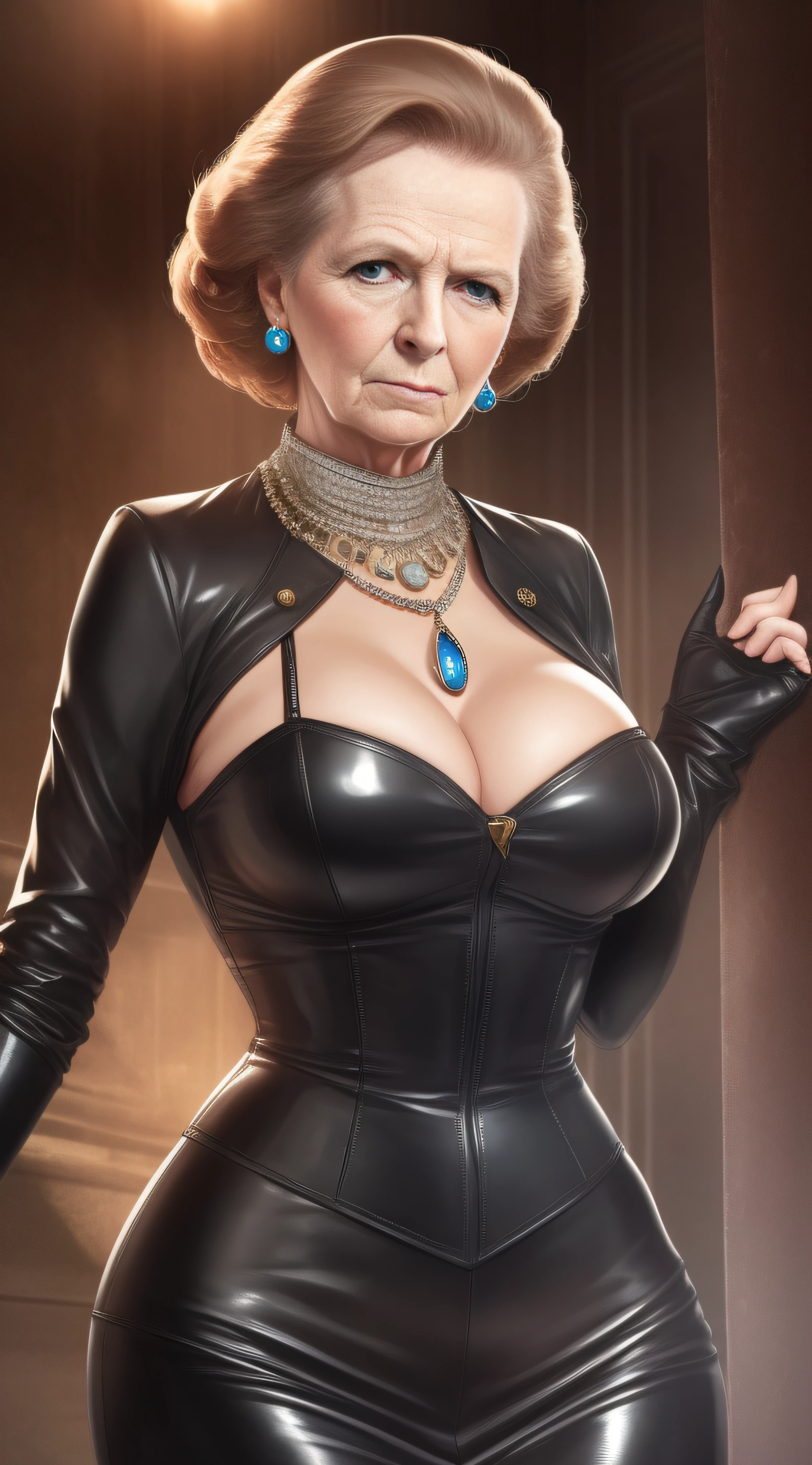 WALLPAPER OF Margaret THATCHER has to be dressed like a lady of the high society of the 40s, all her outfit has to be leather, without neckline and with black leather gloves, very jeweled. His face has to be lascivious angry with icy look and angry, standing staring straight ahead and the viewer demanding more. Your body, face and haircut have to be hyper-realistic and hyper-detailed. The place should be a soundproof cell with black latex walls, with Margaret standing in a demanding pose (((WITH A SIGN BEHIND that reads: You want to worship me pay your testicular tribute))). All this with natural light, in a wide format dE WALLPAPER and full HD body.