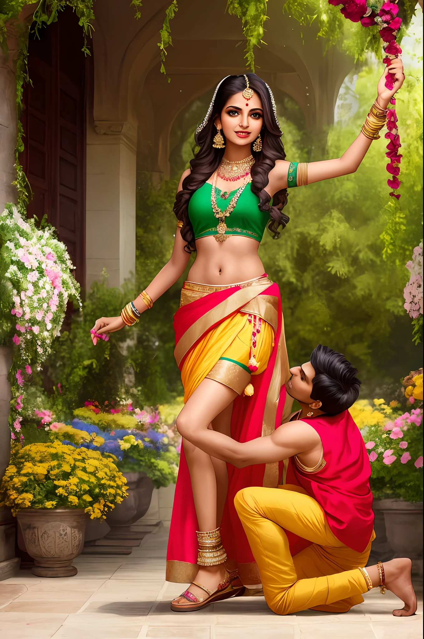 Sure! Here's an optimized prompt based on the given description:
"A seductive Indian girl, adorned with exquisite jewelry, wearing a light brown top and light whiteraffle skirt . Showcasing her  legs in a realistic and highly detailed manner, she poses alluringly in  front of the camera. With 1 boy proposing down with flowersIn garden. Sexy poses