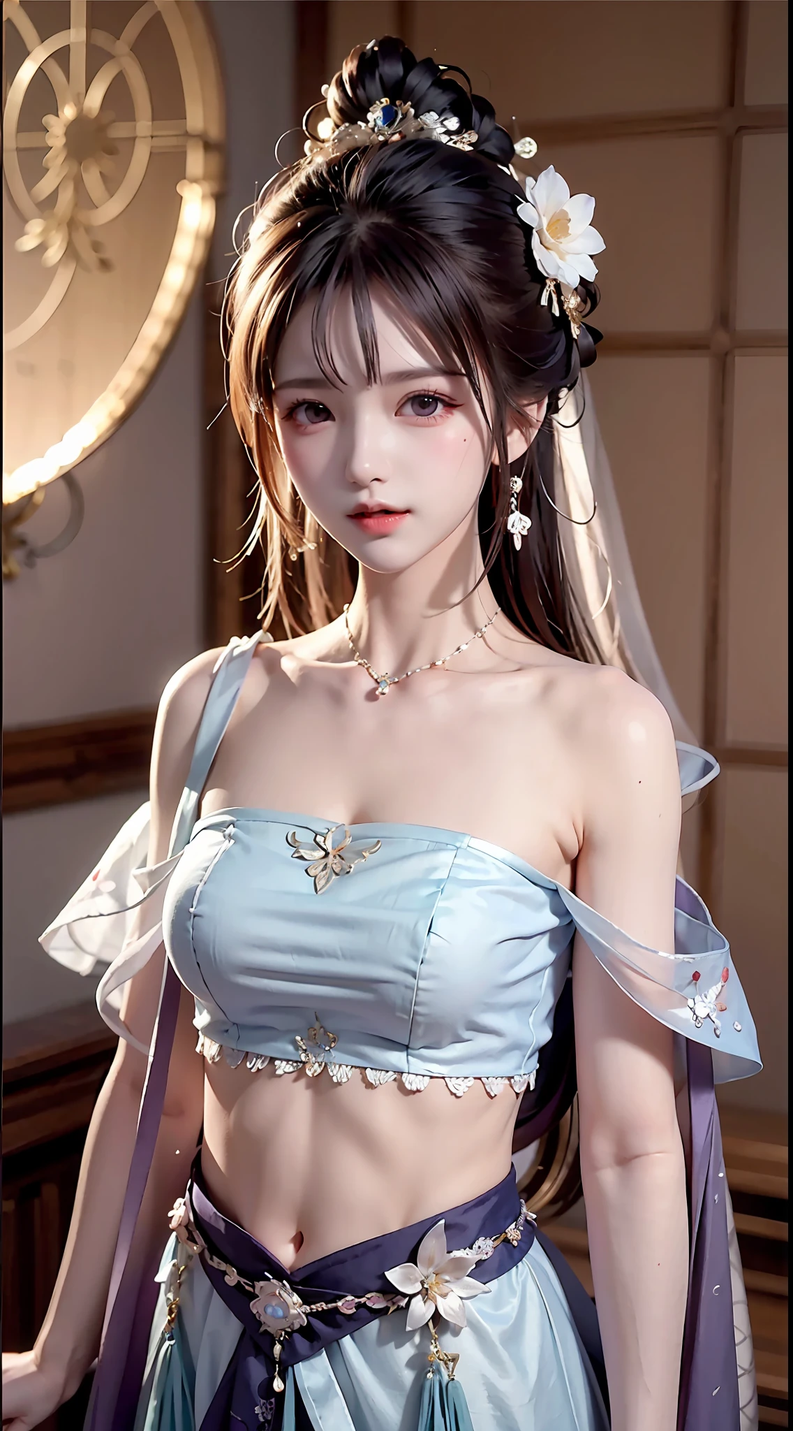 Bust photo, a beautiful woman, messy hair, girly, symmetrical bun, hair accessories, jewelry, delicate face, eye shadow, purple top, purple, purple, crop navel, purple long skirt, Dunhuang style, delicate embroidery, silver decoration, silver streamer, white streamer, light blue streamer, delicate skin, soft light effect, delicate and smooth hair, delicate details, eye highlights, fair skin, fine portrayal, extreme details, cinematic quality, thin, slender, broken, hair details, thin bangs, shawl hair, right body, shadow, air bangs, 8K, super fine, fine fabric texture, soft, smooth, smooth texture, Dunhuang style, delicate pattern, correct hand painting, anatomy correct, accurate, night, dark night, lighting, Tyndall effect, ray tracing, HUD,