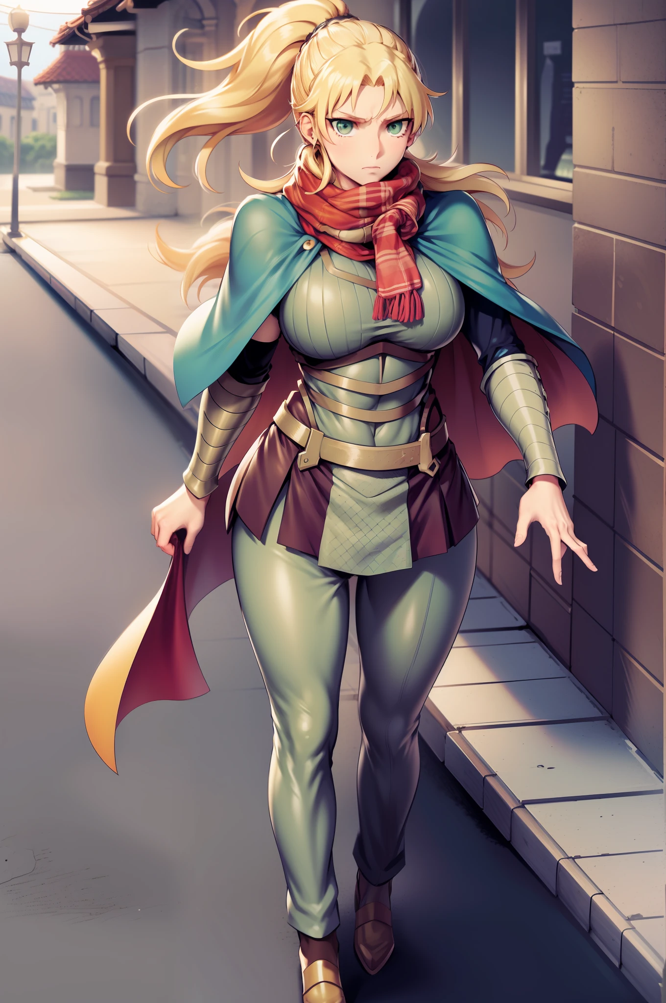 skirt vest, pantyhose, ponytail, long hair, blond hair, knight, medium breast,alicetaria february, green eyes,, walking, lance holding, cape, scarf, walking, full body, pants, long pantyhose