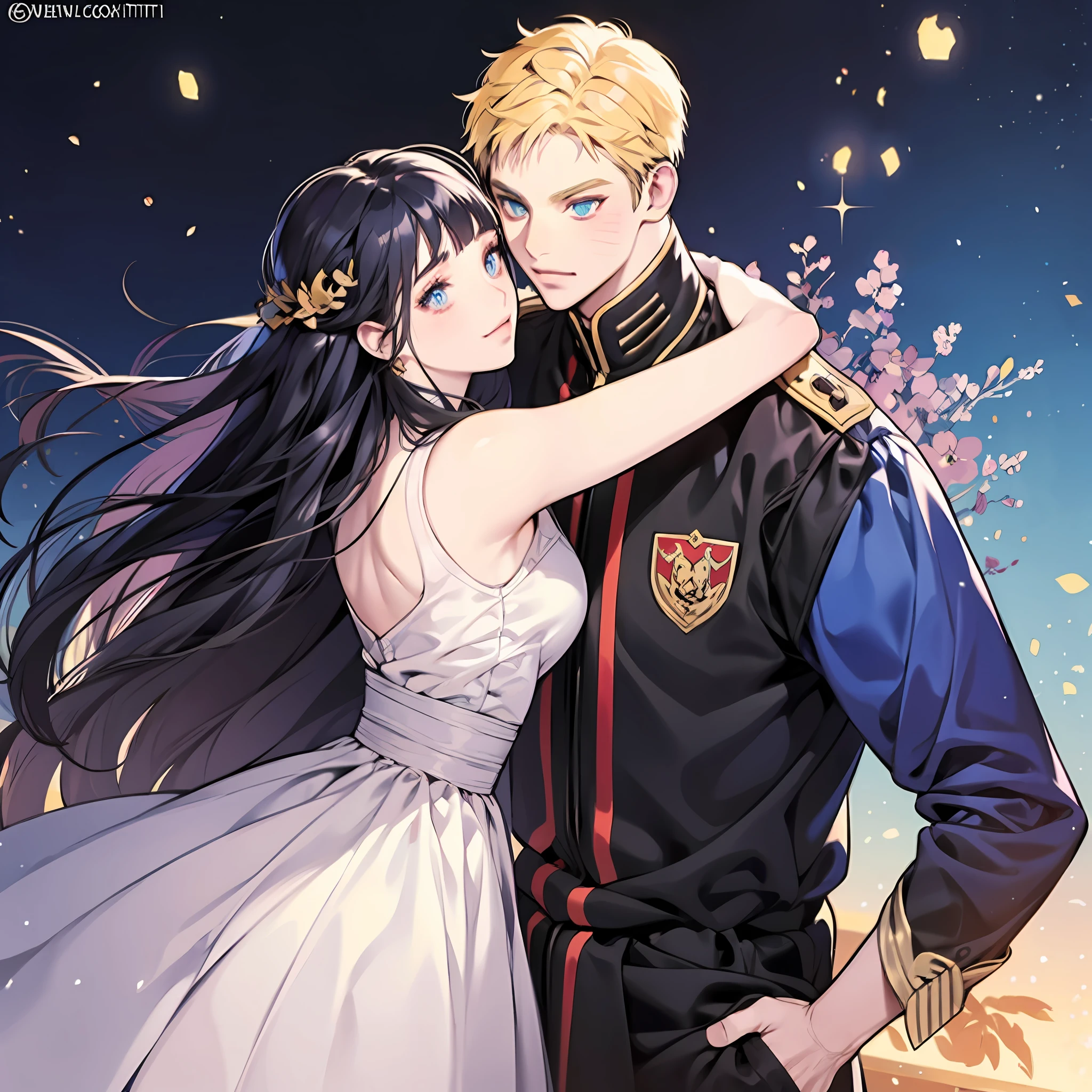 blonde man, dark blue hair girl, naruhina, hug, masterpiece, couple, standing, royalti, nobility