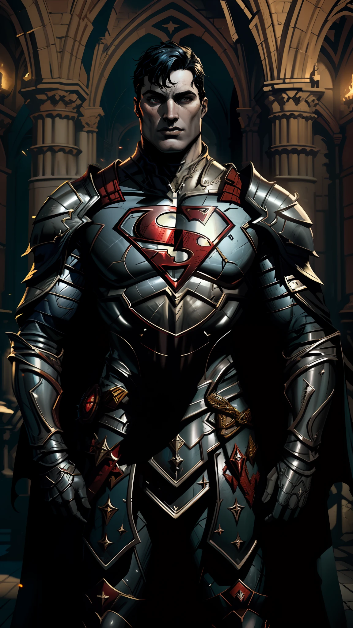 Victorian cathedral, superman (DC comics) wearing black medieval armor, long black cape on the back, fanciful art, greg rutkowski art style, dark fantasy, superman, unreal engine 5, 8k.