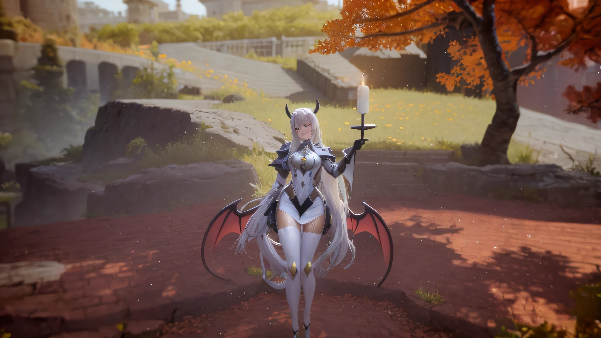 Anime character with horns and a heavy cybe parapet in the colors white dark pink standing in front of a full moon, moon clothes, fantasy outfit, in-game render, astral witch clothes, highly detailed full body, anime very detailed, clear outfit design, hair color white dark pink, 8k octae render photo, beautiful celestial demonin with large black cyborg wings on both sides