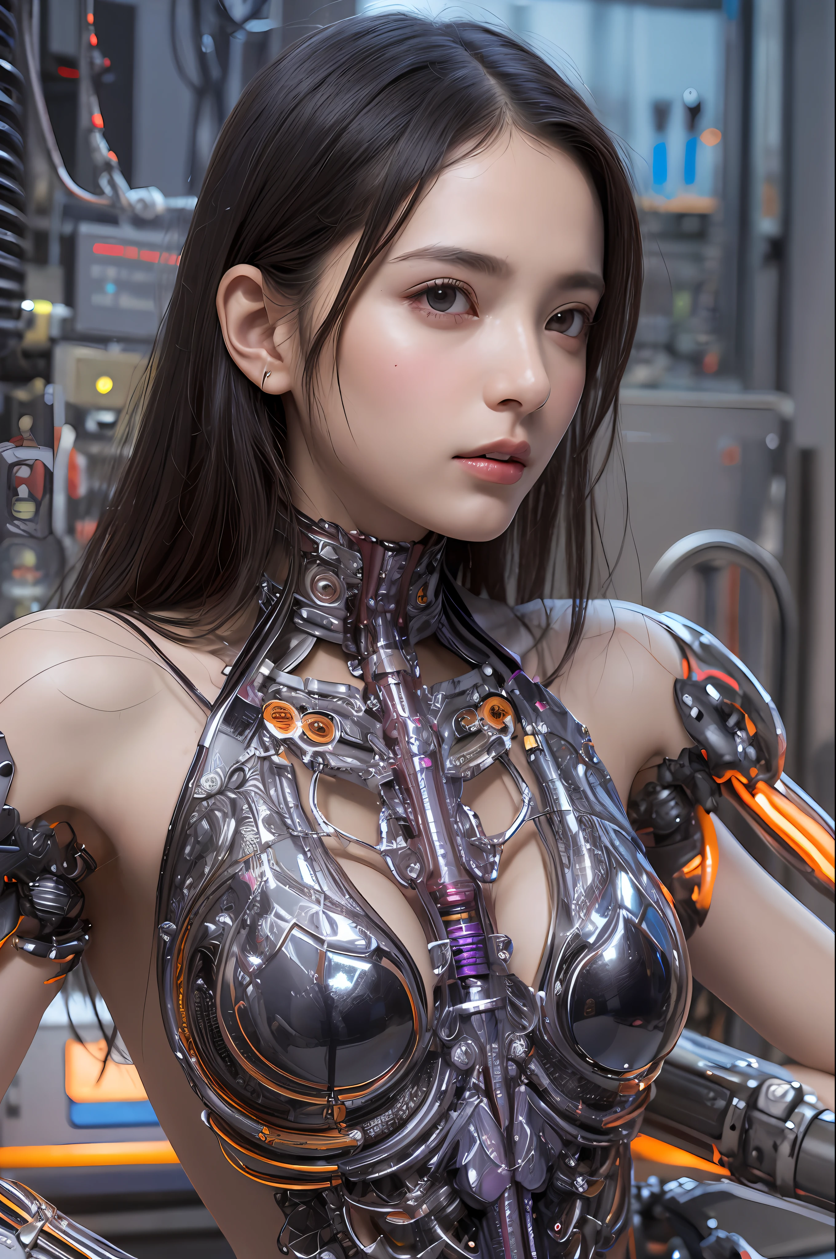 Top Quality, Masterpiece, Ultra High Resolution, (Photorealistic: 1.4), Raw Photo, 1 Girl, Black Hair, Glossy Skin, 1 Mechanical Girl, (Ultra Realistic Details)), Portrait, Global Illumination, Shadows, Octane Rendering, 8K, Ultra Sharp, Glossy Skin, Realistic Skin, Big, Cleavage Exposed Raw Skin, Metal, Intricate Ornaments Details, steampunk details, very intricate details, realistic light, CGSoation trend, purple eyes, glowing eyes, facing the camera, neon details, mechanical limbs, blood vessels connected to tubes, mechanical vertebrae attached to the back, mechanical cervical attachment to the neck, sitting, wires and cables connecting to the head, Evangelion, small LED lamp, The background is a server room of the future,