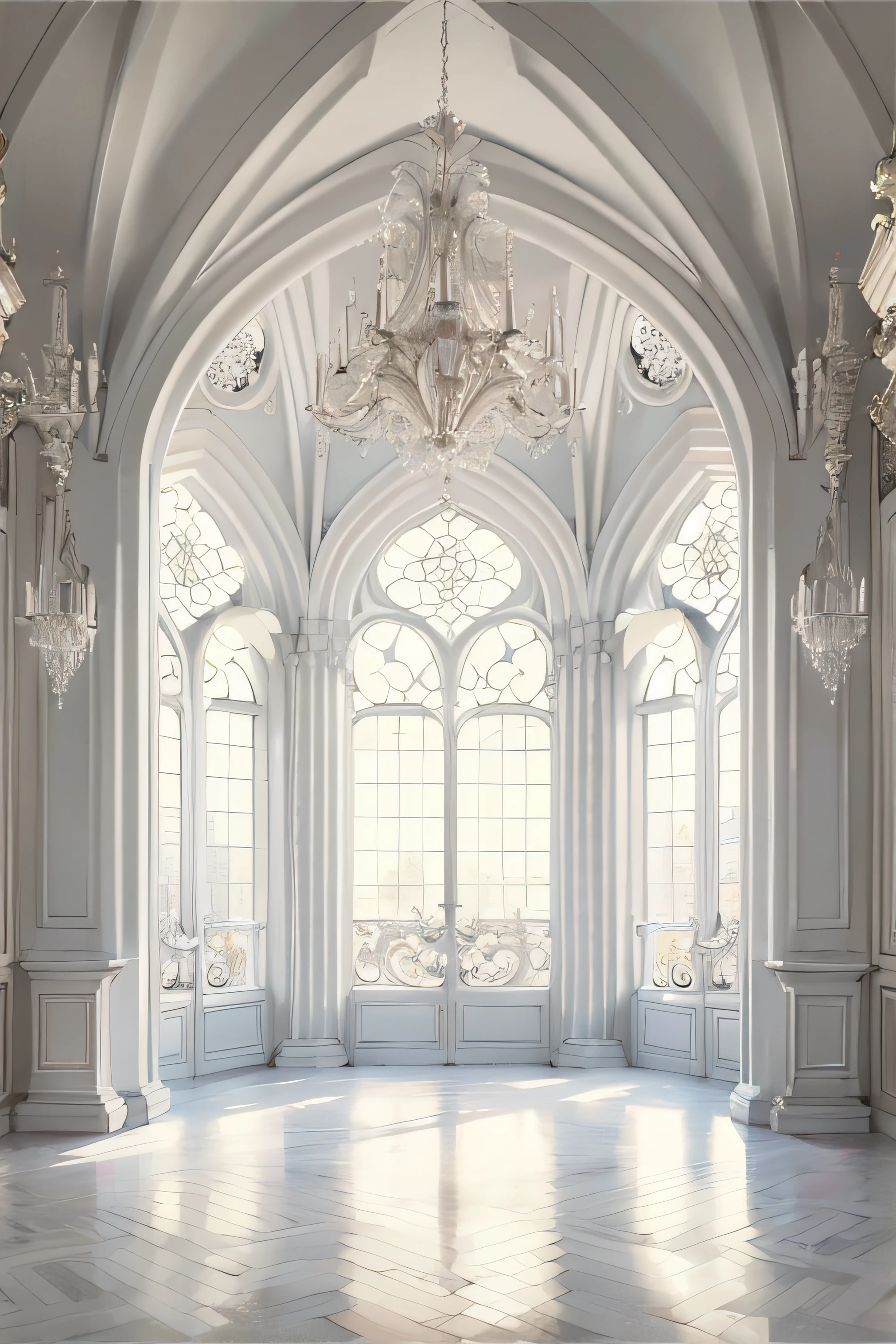 there is a large room with a chandelier and a staircase, luminist and baroque style, gothic interior, intricate castle interior, gothic mansion room, white sweeping arches, baroque interior, beautiful render of a fairytale, royal interior, elegant baroque, white elegant baroque design, inside a palace, ornate and flowing, exquisite architecture, neo - classical style, all white render