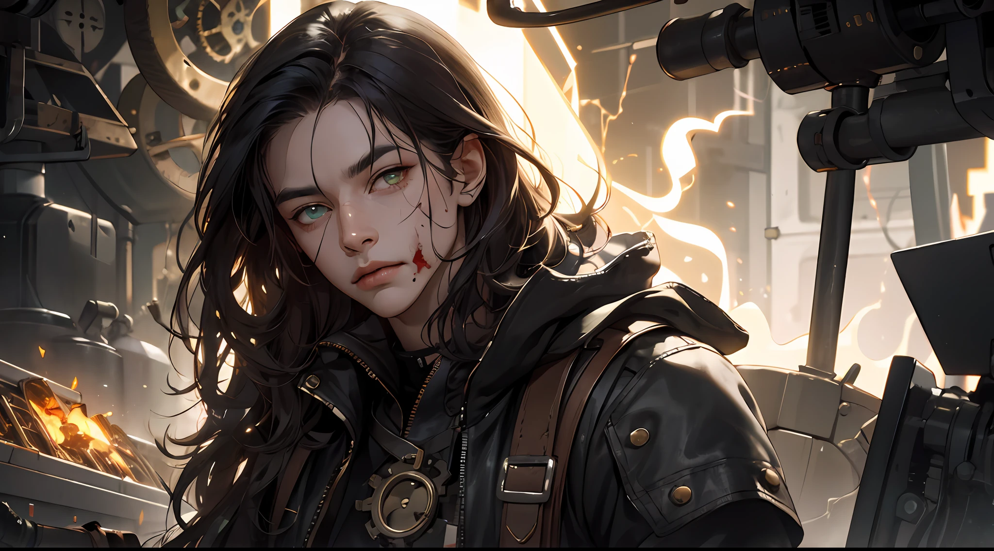 salvatore dali(absurd, high, ultra detailed), elderly man, long wavy hair, split hair, heterochromia, bangs, long sleeves, finely detailed eyes and detailed face, extremely detailed CG unit 8k wallpaper, intricate details, (style-rustmagic: 0.8), (medieval cyborg: 0.8), portrait, (bloody wounds: 0.7), looking at the viewer, solo, half-shot, detailed background, (steampunk theme: 1.1) determined expression, Technomancer dark elbows,  floating lights, colored leather vest with gears, techwear, jetpack, workshop in the background, machines, gears, steam, industry, technology, oven, dirt, anvil, buttons, levers, automaton, electricity, electric sparks epic atmosphere,, portrait