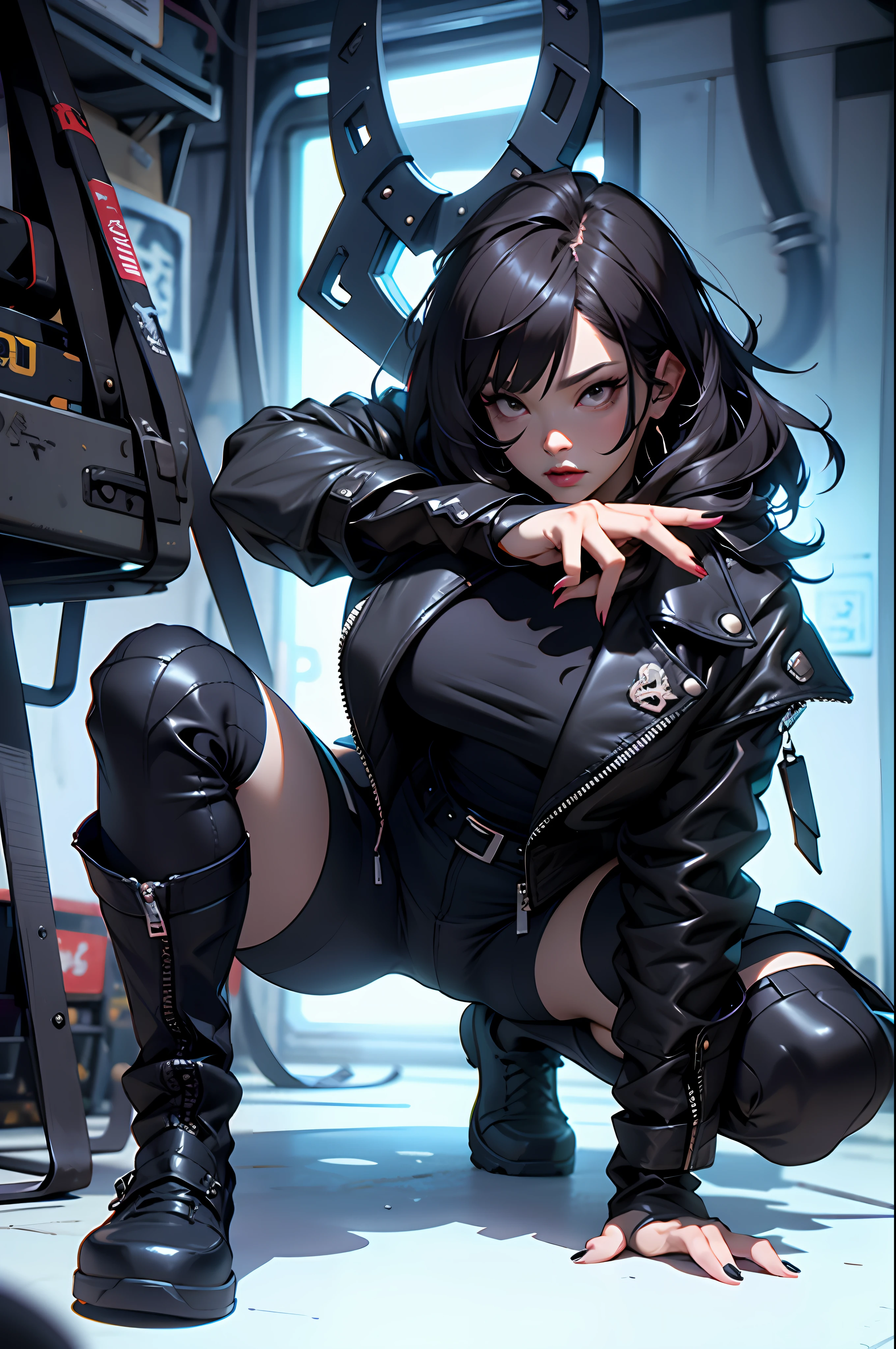 Araffe in a black leather outfit crouched with one hand on the floor, full body Xianxia, IU Lee Ji-eun as a super villain, cruel Korean goth girl, Jisoo of Blackpink, Jisoo of Blackpink, Cai Xukun, wearing cyberpunk leather jacket, Tifa Lockhart, wearing modern gothic clothes, black leather costume, wearing black clothes, knee-high boots, can kung-fu