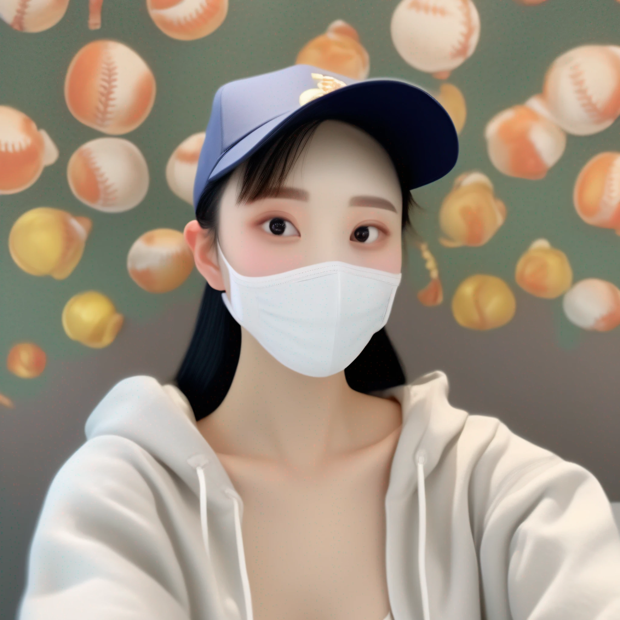 arafed woman wearing a face mask and a baseball cap, xintong chen, 8k selfie photograph, ruan jia beautiful!, xue han, slightly round chin, fan bingbing, inspired by Yao Tingmei, 2 , 2 7 years oldinh, 2 9 years old, wenfei yeakeup