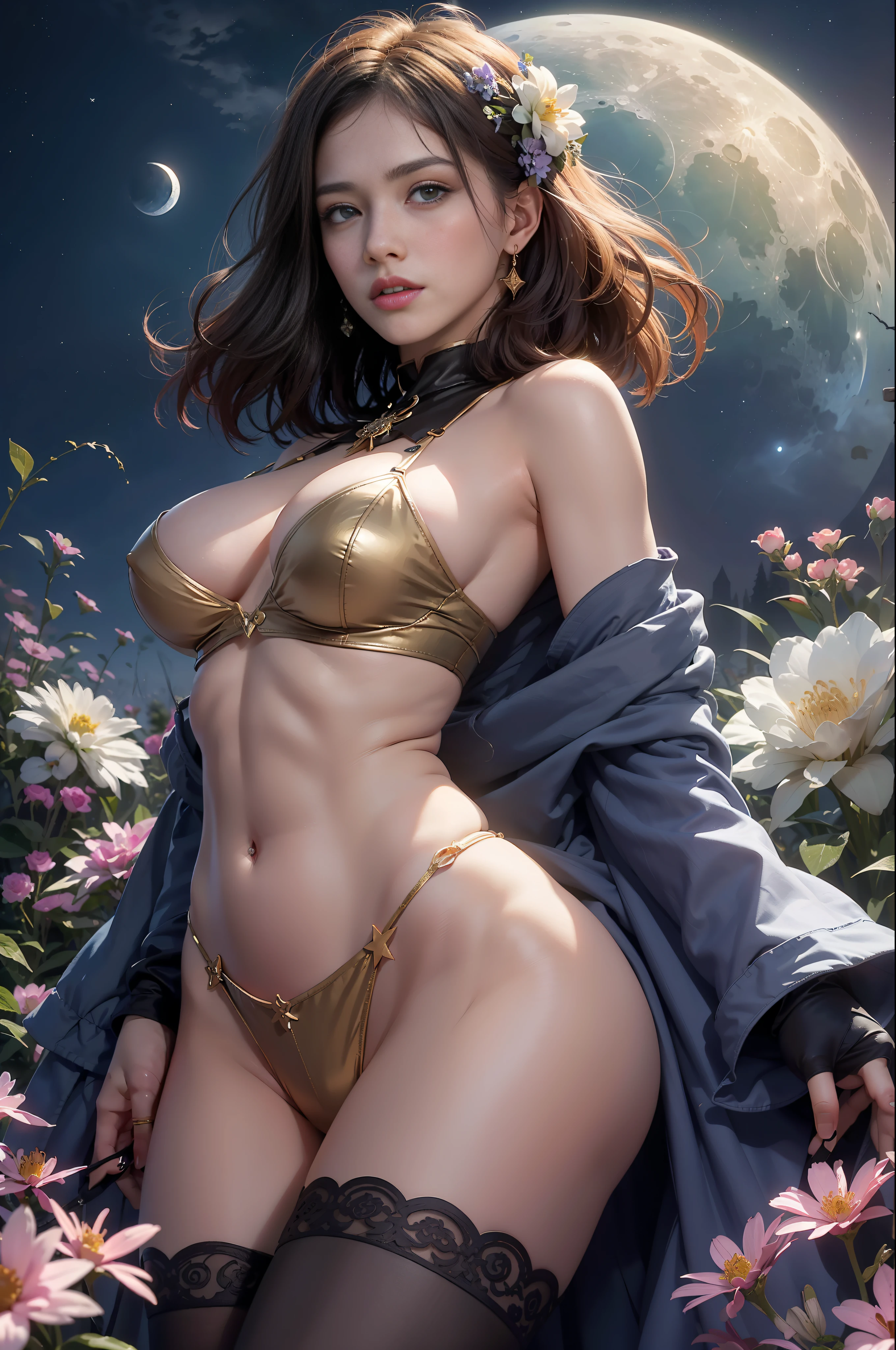 ((Best quality, 8k, Masterpiece: 1.3)), Sharp focus: 1.2, A pretty woman with perfect figure: 1.4, Slim abs: 1.2, ((Layered haircut, Big breasts: 1.2)), Highly detailed face and skin texture, Detailed eyes, view from below, night sky, full moon, stars, fantasy field filled with flowers