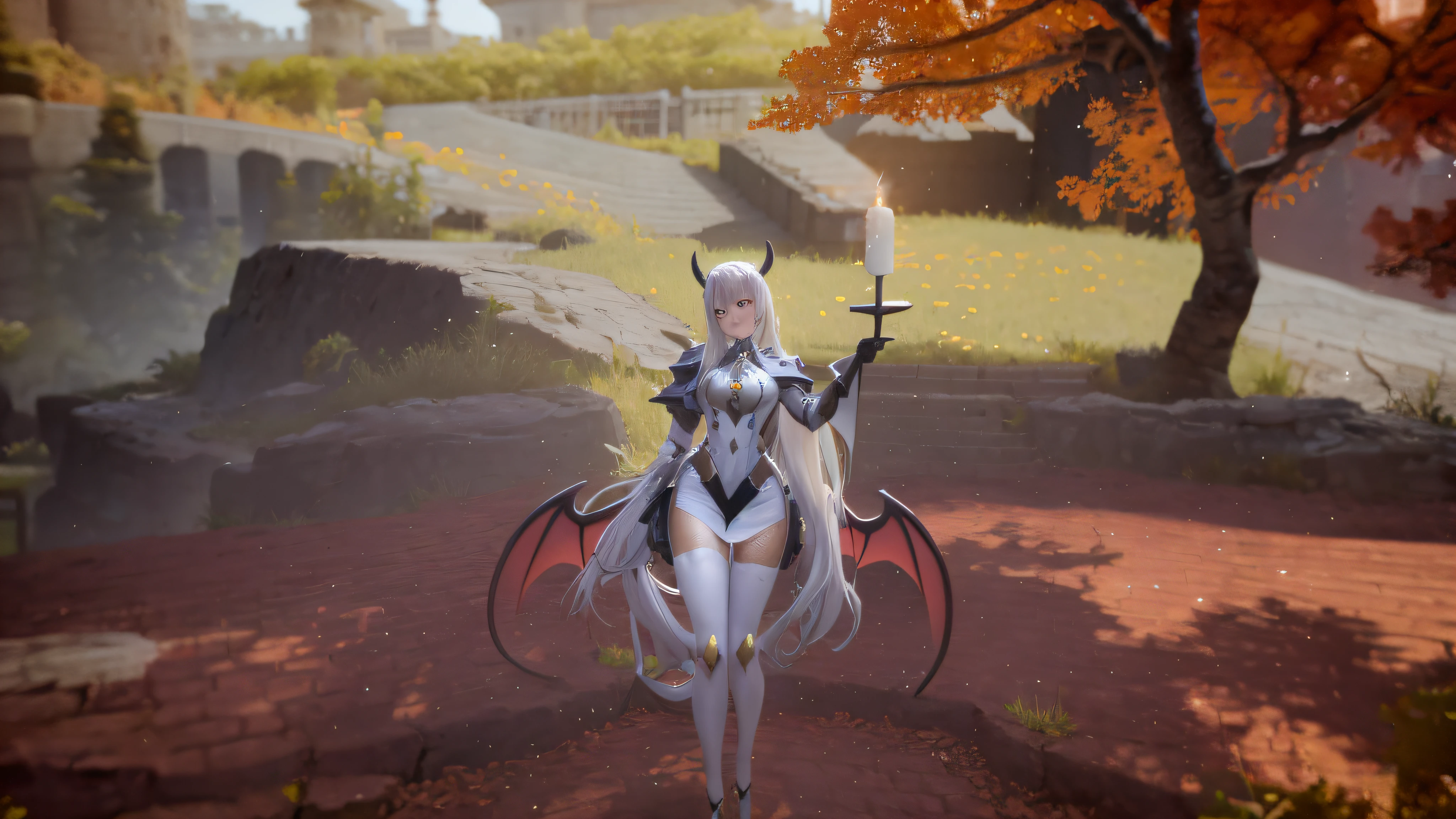 Anime character with horns and a heavy cybe parapet in the colors white dark pink standing in front of a full moon, moon clothes, fantasy outfit, in-game render, astral witch clothes, highly detailed full body, anime very detailed, clear outfit design, hair color white dark pink, 8k octae render photo, beautiful celestial demonin with large black cyborg wings on both sides