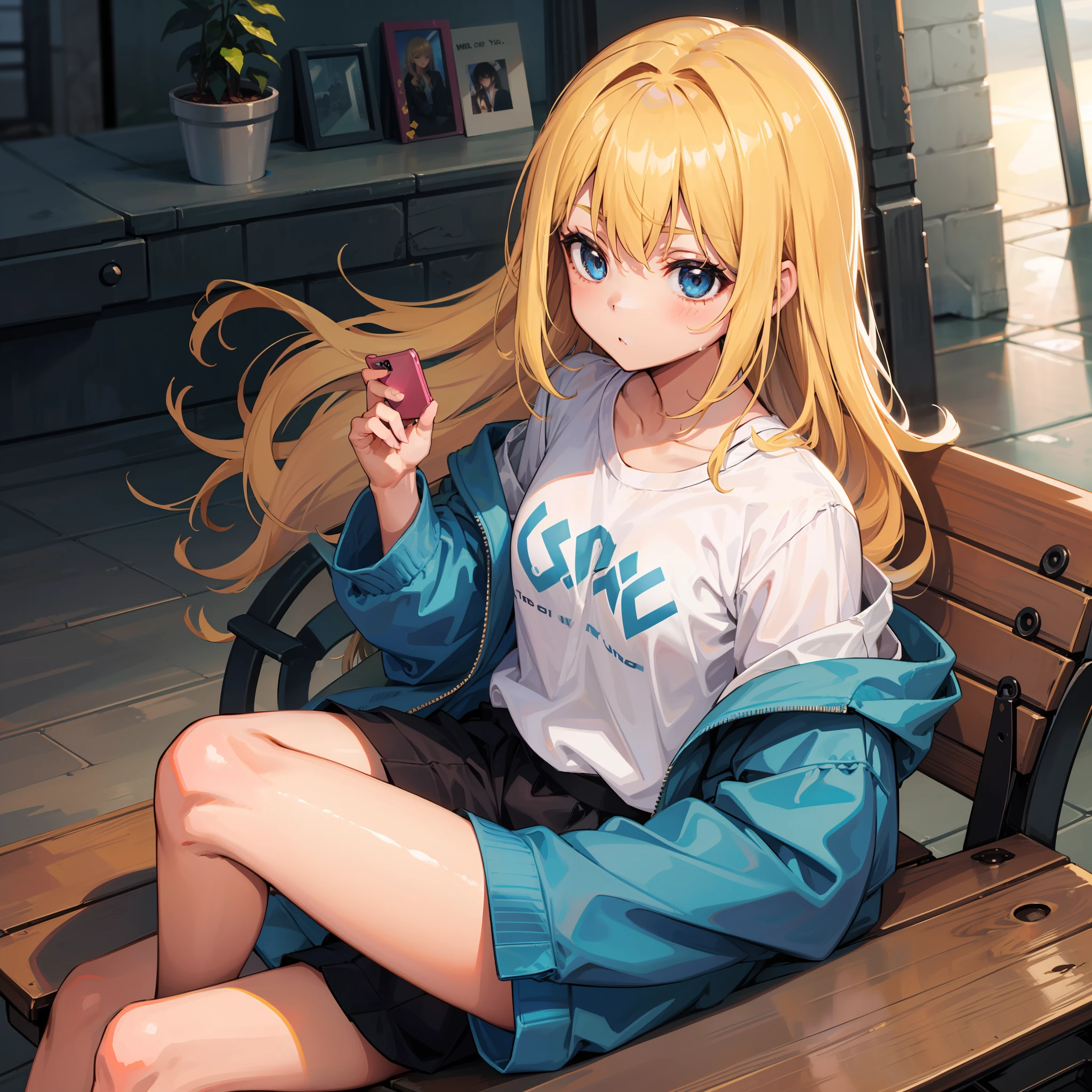Young girl, blonde hair and loose, blue eyes, holding a cell phone, with cute clothes, on top of hm bench