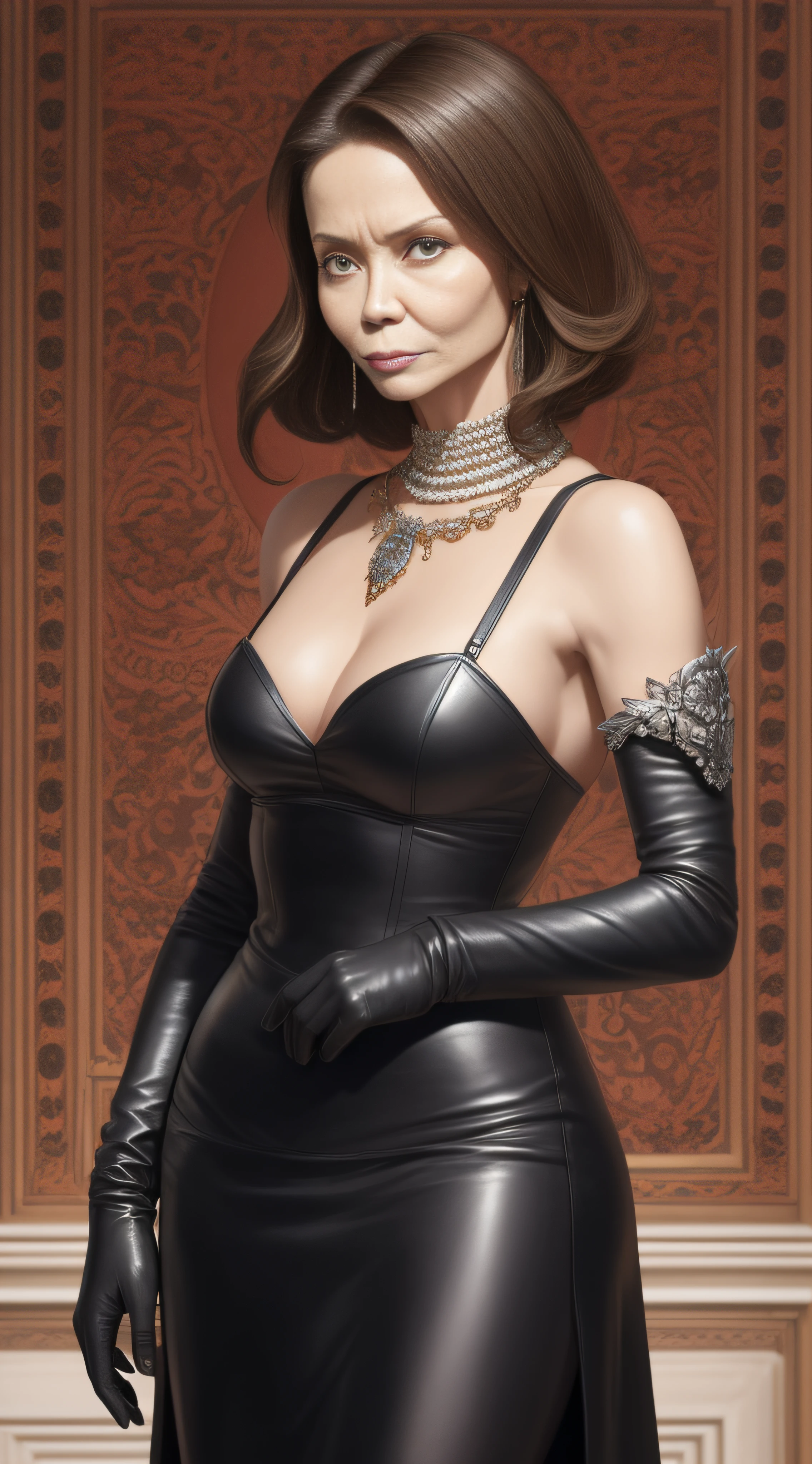 WALLPAPER DE (((ISABEL PREYSLER))) has to be dressed like a lady of the high society of the 40s, all her outfit has to be leather, without neckline and with black leather gloves, very jeweled. His face has to be lascivious angry with icy look and angry, standing staring straight ahead and the viewer demanding more. Your body, face and haircut have to be hyper-realistic and hyper-detailed. The place must be the parliament, with ISABEL standing in a demanding pose (((WITH A SIGN BEHIND that reads: You want to adore me pay your testicular tribute))). All this with natural light, in a wide format dE WALLPAPER and full HD body.