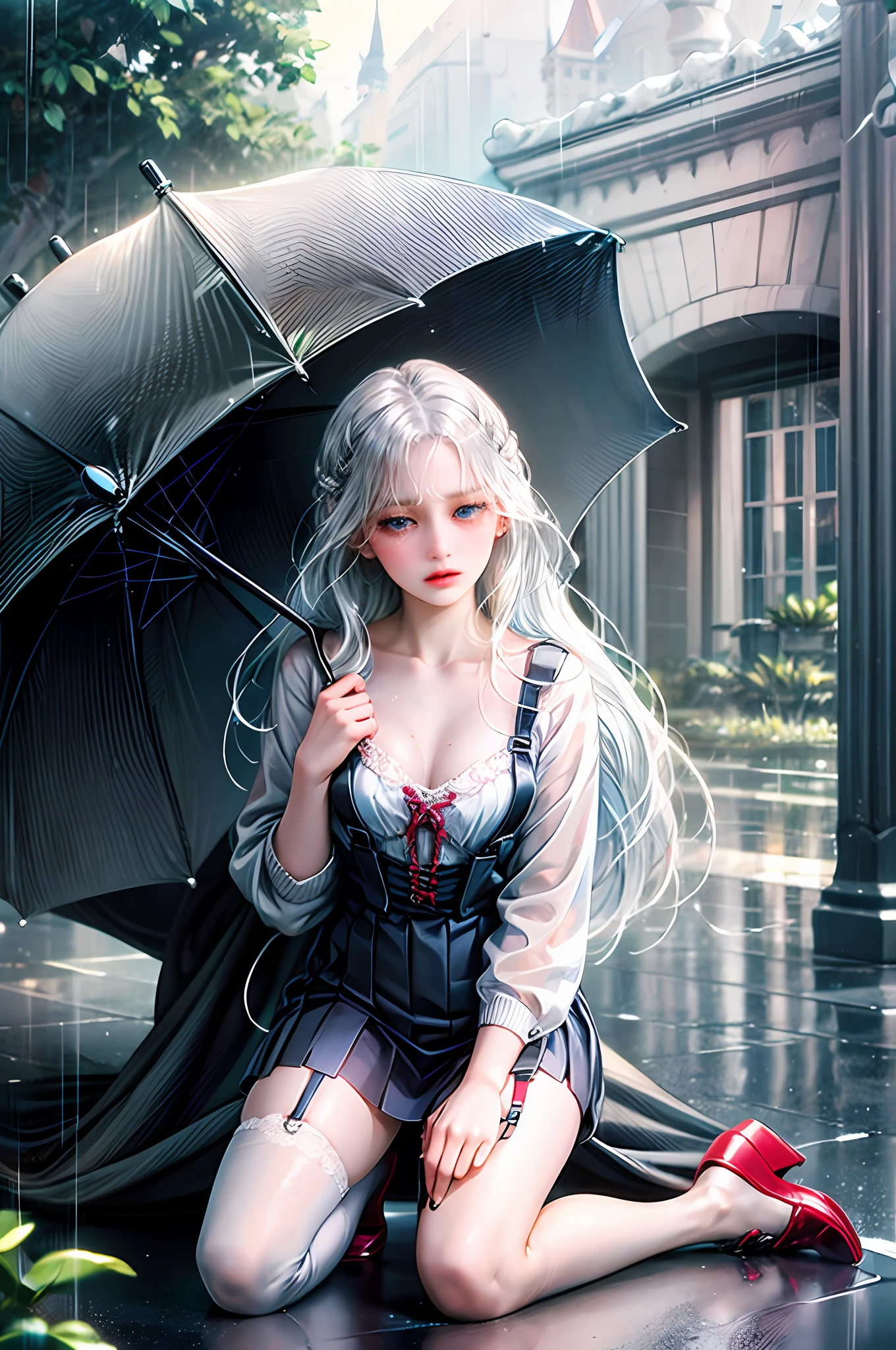 1 girl, anime style, kneeling, hivering, feeling cold, shivering, transparent suspender stockings, leg straps, short skirt, (long white hair), blue eyes, rain-soaked top, rainy day, heartache expression --auto
