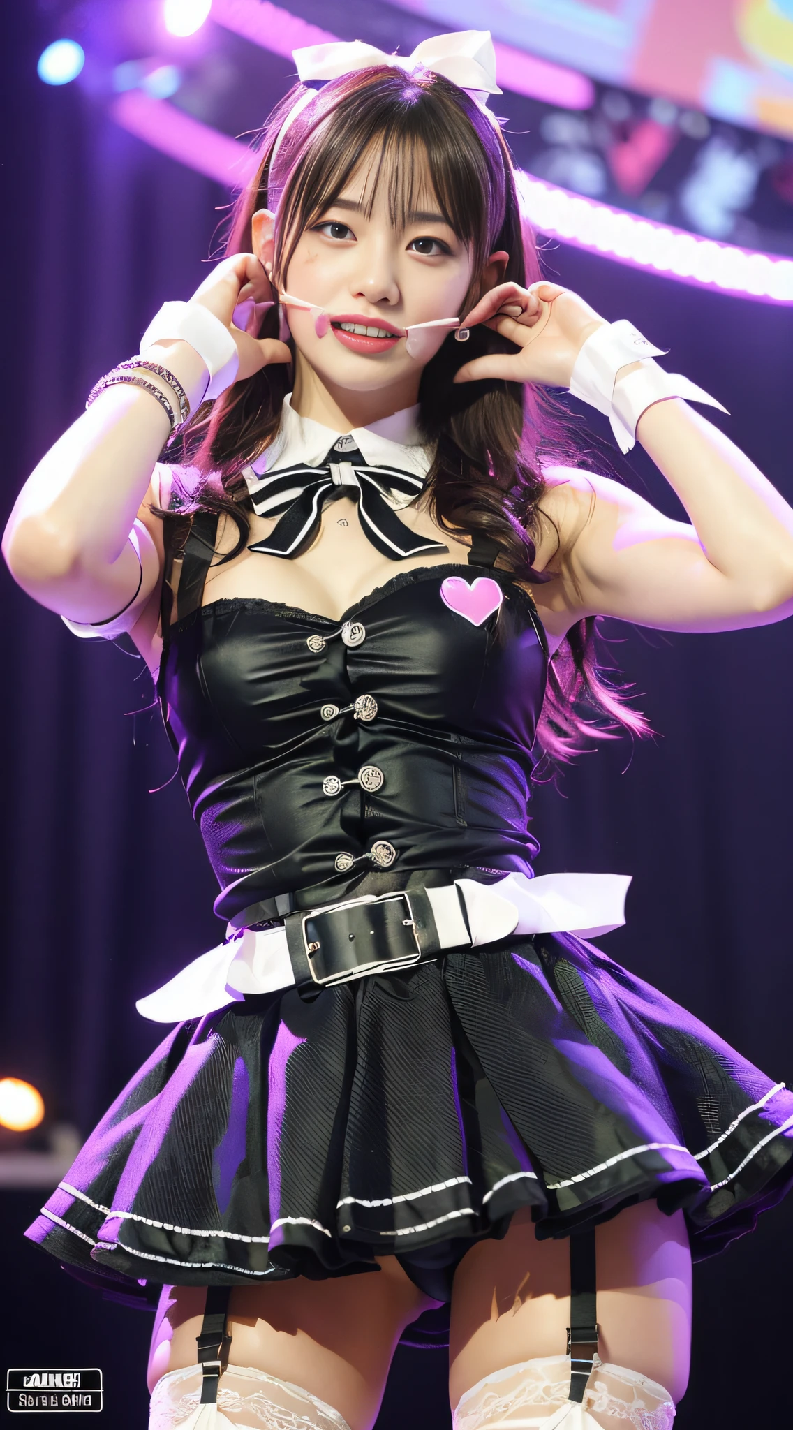 girl idol group, scared, crying, frowning, SOD cover, collar, harness, belt, bangle, garter, bangle, pubic hair is transparent, (((heart, ribbon,)) are on stage, health equipment