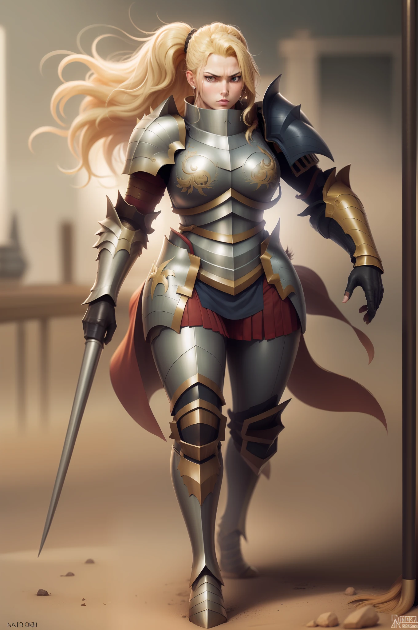 full armor, knight, vest, walking, full body,blond hair, pony tail,, huge breast, tall