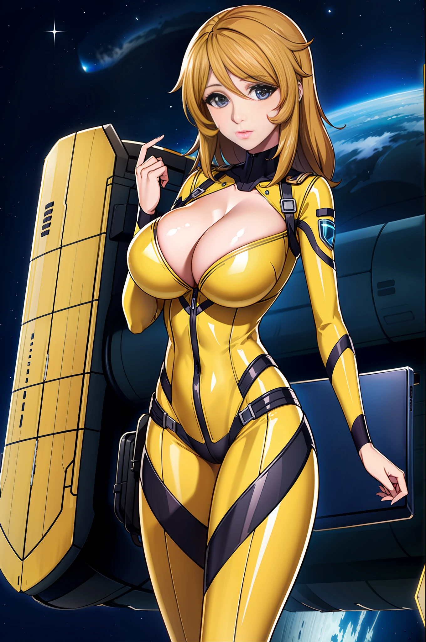 8k, 1girl,space ship,bodysuit,cleavage, night,galaxy, space, huge breasts, holding laptop, looking at viewer, , solo focus, cowboy shot, (masterpiece:1.4),(best quality:1.4),(shiny skin),steaming body ,