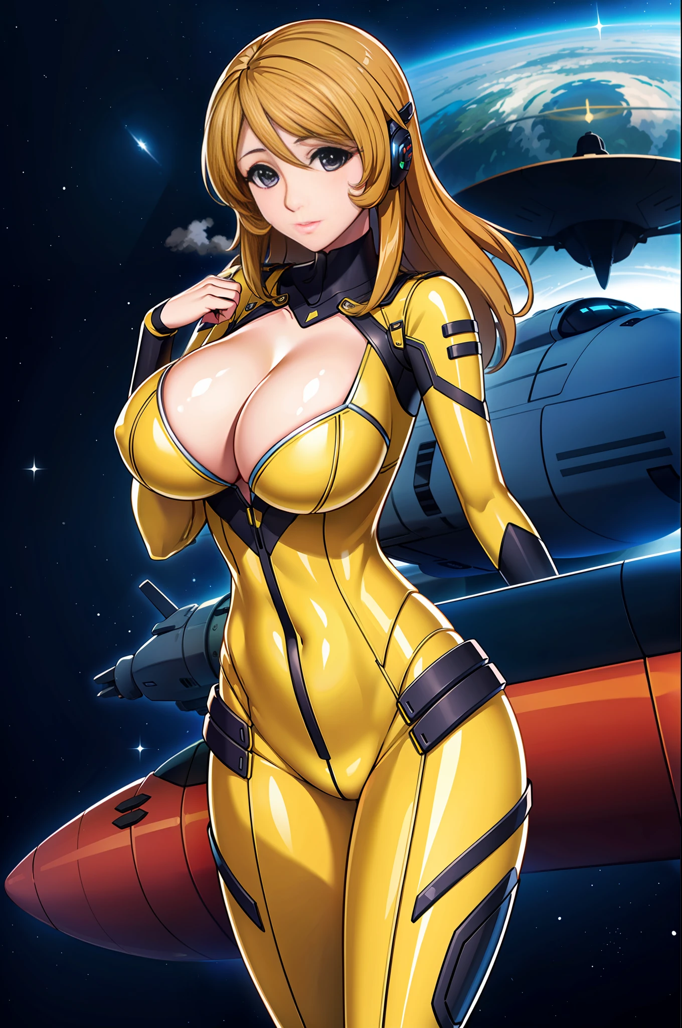 8k, 1girl,space ship,bodysuit,cleavage, night,galaxy, space, huge breasts, holding laptop, looking at viewer, , solo focus, cowboy shot, (masterpiece:1.4),(best quality:1.4),(shiny skin),steaming body ,