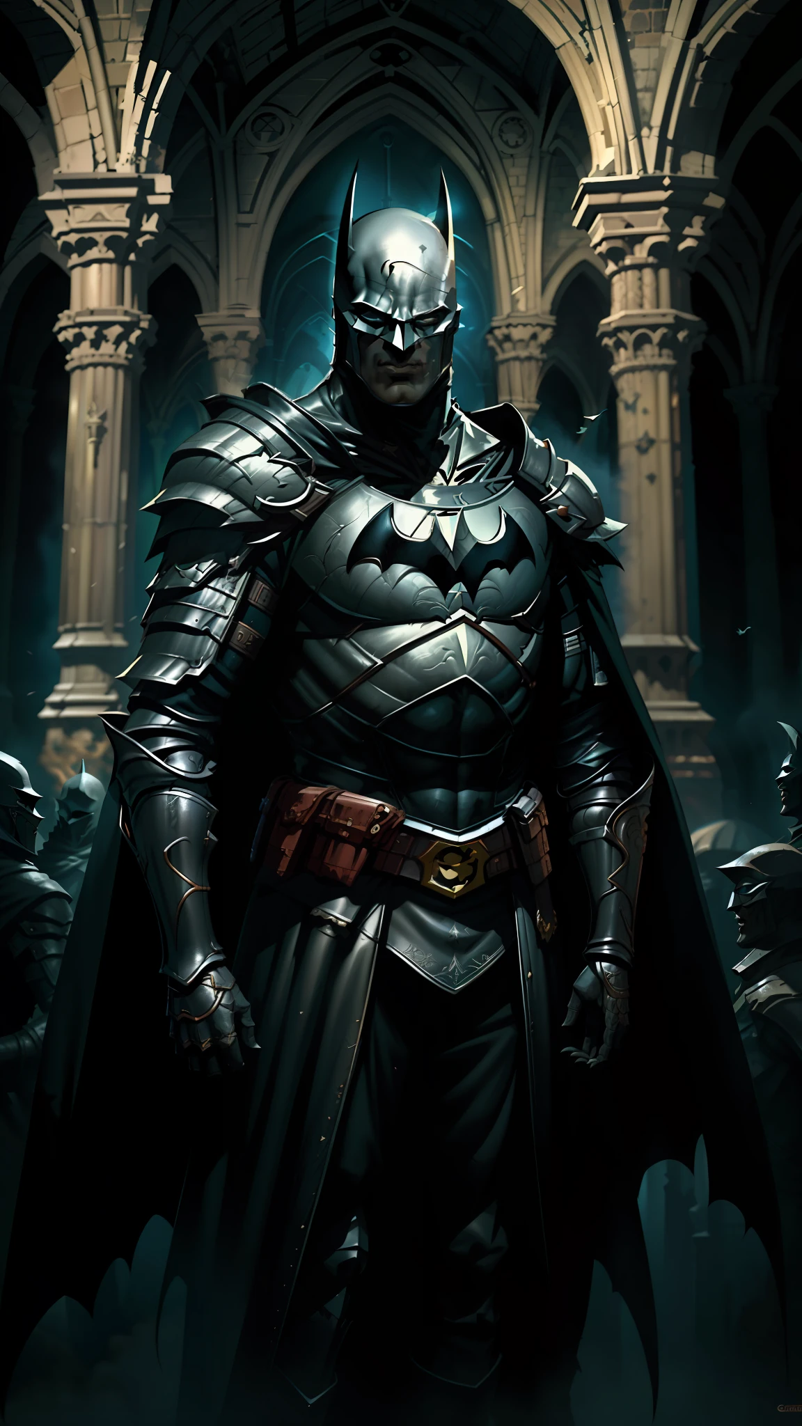 Victorian cathedral, Batman (DC comics) wearing black medieval armor, long black cape on the back, fanciful art, greg rutkowski art style, Dark fantasy, dark knight, Batman, unreal engine 5, 8k.