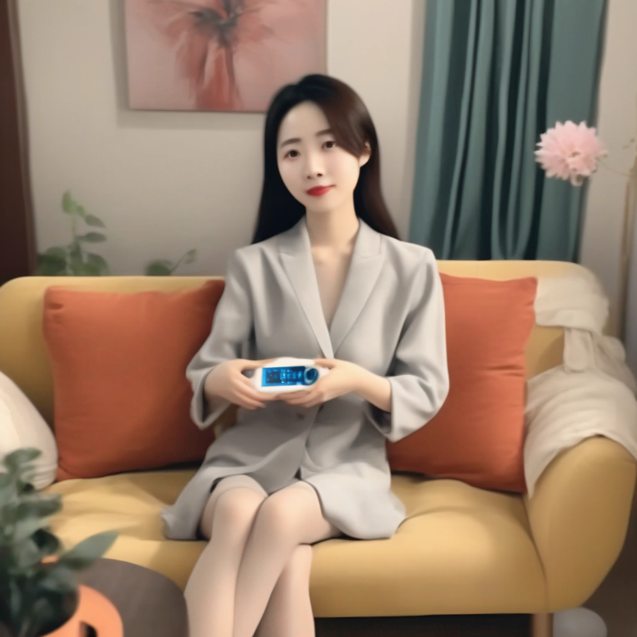 There is a woman sitting on a sofa with remote control, Xintong Chen, 2 9 years, 2 8 years, 3 0 years woman, 30 years woman, 2 7 years, Zeng Fanzh, 3 2 years, 38 years, Xue Han, Wenfei Ye, author Li Zhang, woman