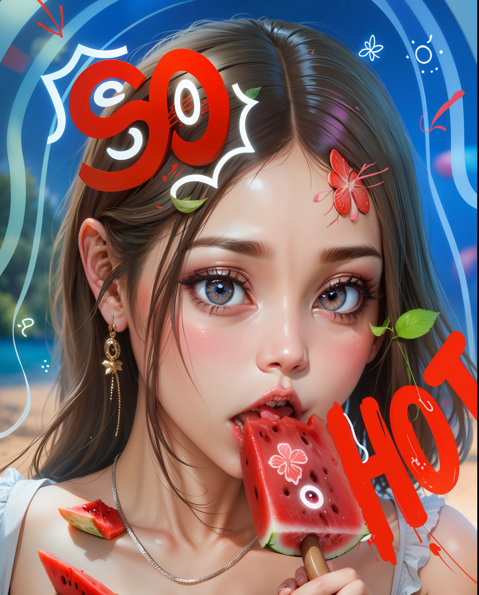 Cute girl, big bright and cute eyes, watermelon and strawberry in detail, bright eyes