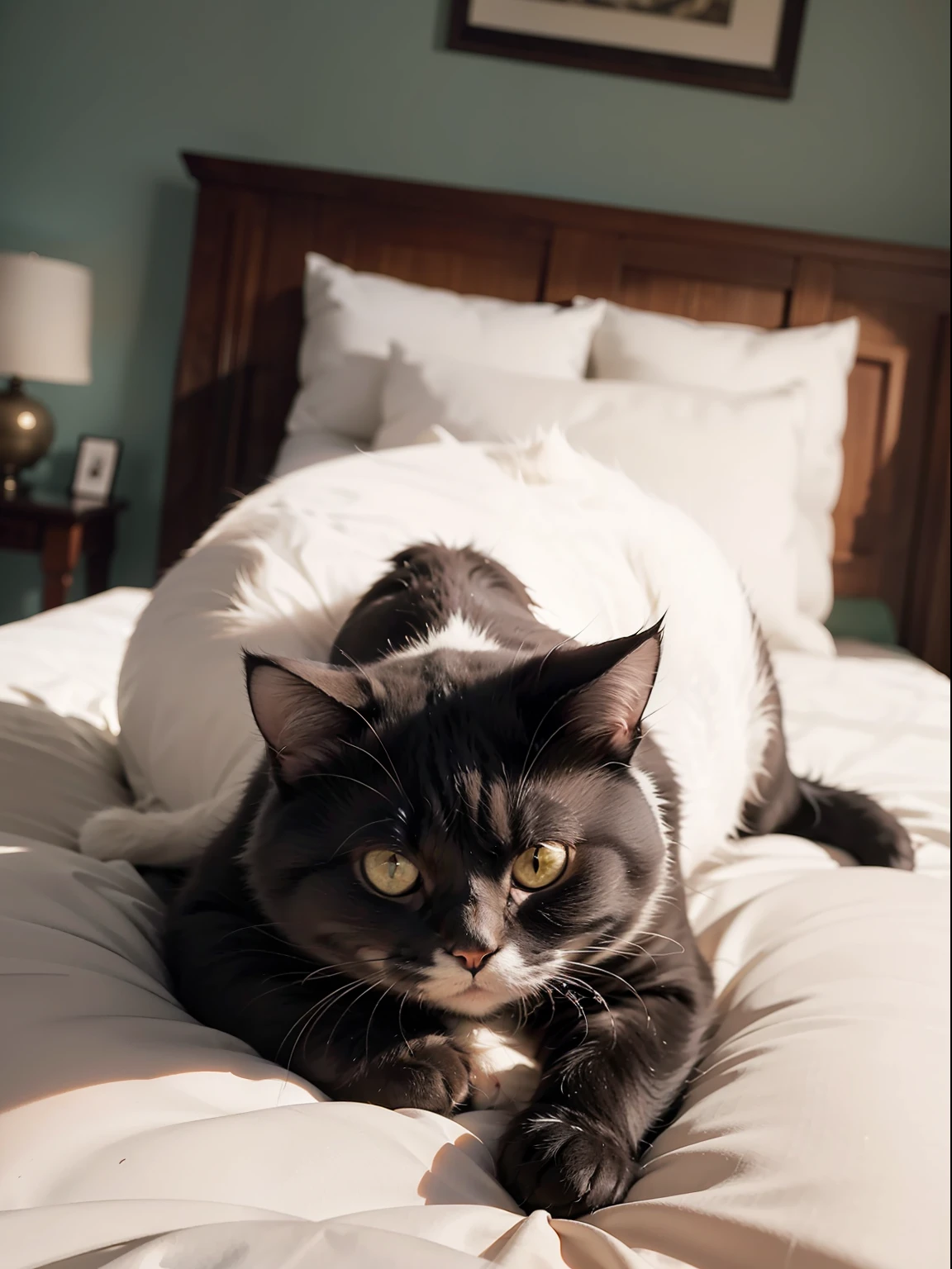 (Fat Cute Cat: 1.5) Official art, Unity 8K wallpaper, ultra detailed, beautiful and aesthetic, masterpiece, best quality, realistic, (bed, rabbit), POV on top, extremely detailed, dynamic angle, the most beautiful form of chaos, elegant, brutalist design, bright colors, romanticism, white