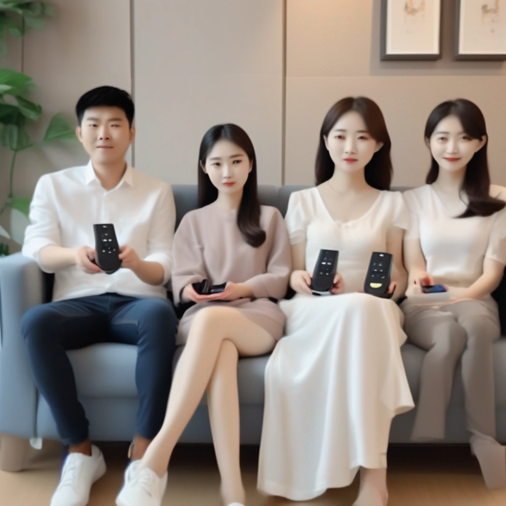 there is a woman sitting on a couch with a remote control, xintong chen, 2 9 years old, 2 8 years old, 3 0 years old woman, 30 years old woman, 2 7 years old, zeng fanzh, 3 2 years old, 38 years old, xue han, wenfei ye, author li zhang, chinese woman