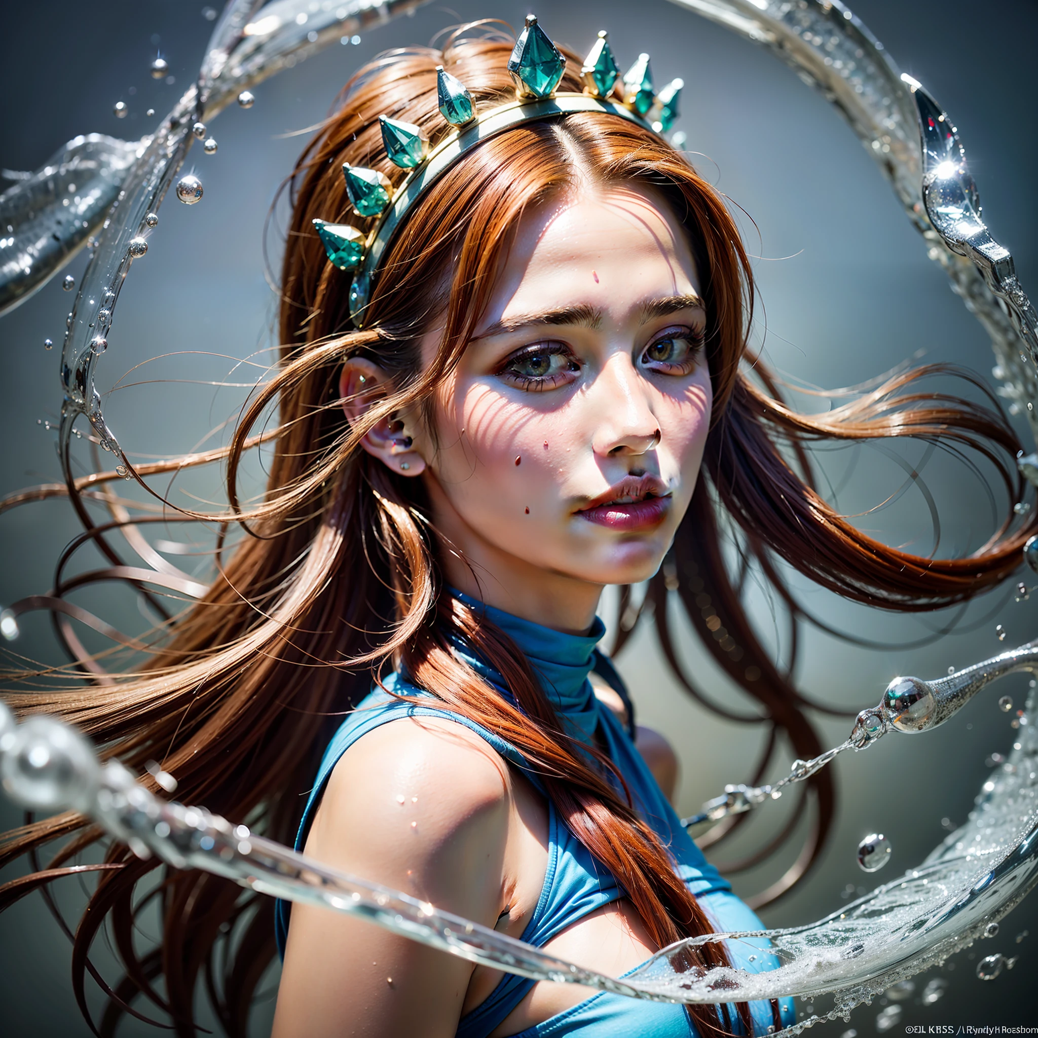 cinematic photo of closeup portrait redheaded mermaid underwater (full body), wearing ice crown and bright light blue body suit, skin made of ice, wet, rain, sorceress, casting powerful water magic, blue water and magic particles, water magic, magic splash, blue liquid, trend in Artstation, realistic soft skin, Canon EOS 7D,  Canon EF 70-200mm f/2.8L IS, vibrant shot by the best camera, vibrant effects, beautiful image quality, focused, vibrant colorful, long hair, professional color gradation, vibrant focus, ((film grain, color photo, 8k))