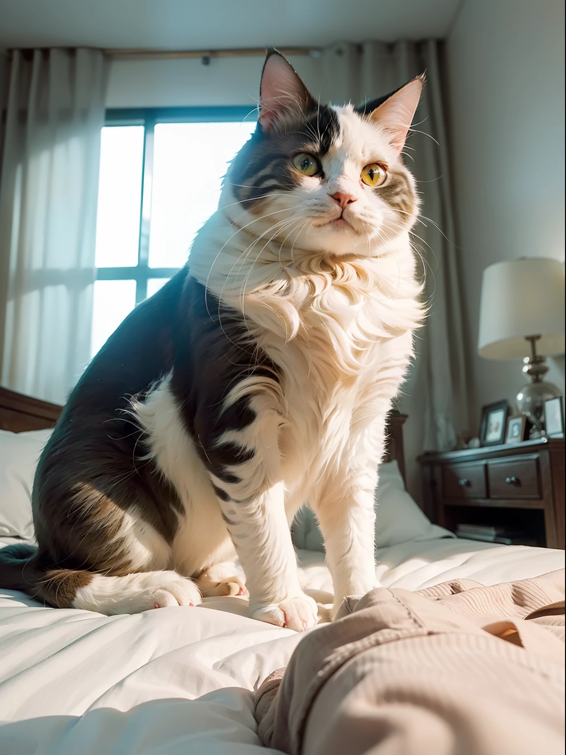 (Fat Cute Cat: 1.5) Official art, Unity 8K wallpaper, ultra detailed, beautiful and aesthetic, masterpiece, best quality, realistic, (bed, rabbit), POV on top, extremely detailed, dynamic angle, the most beautiful form of chaos, elegant, brutalist design, bright colors, romanticism, white