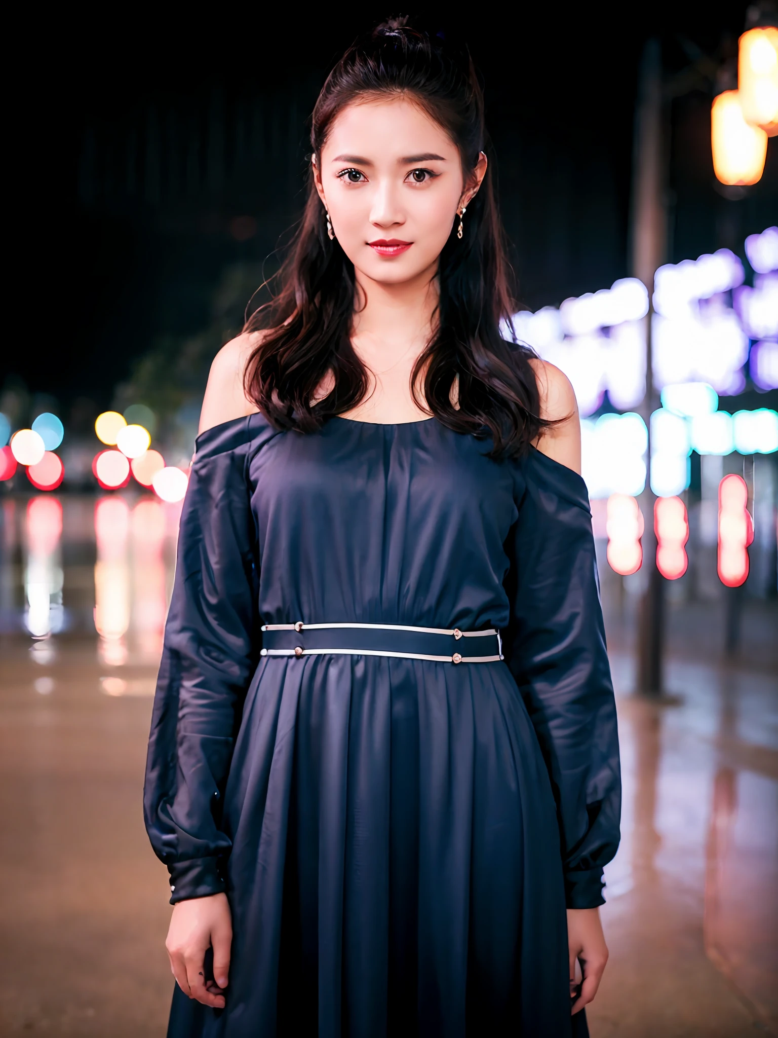 1girl,(wearing a blue modest dress:1.3), long sleeves,(RAW photo, best quality), (realistic, photo-realistic:1.4), masterpiece, an extremely delicate and beautiful, extremely detailed, 2k wallpaper, Amazing, finely detail, extremely detailed CG unity 8k wallpaper, ultra-detailed, highres, soft light, beautiful detailed girl, extremely detailed eyes and face, beautiful detailed nose, beautiful detailed eyes,cinematic lighting,city lights at night,perfect anatomy,slender body,smiling