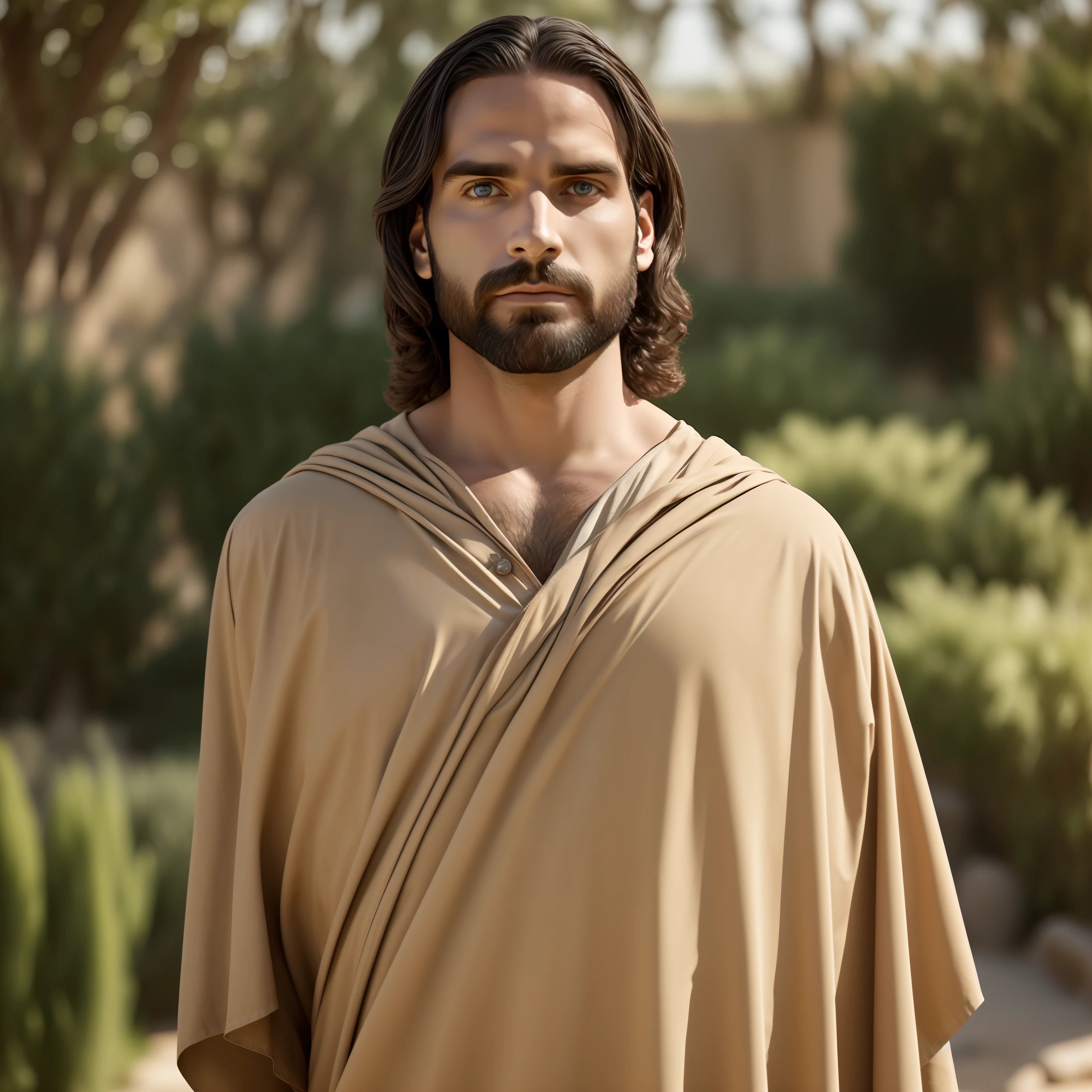 Seth Rollins as Jesus Christ, focus on face details, similar to seth rollins, wearing long beige Hebrew tunic, Jesus style from Bible, realistic image, Israel garden image background, best quality, 8k, focus on details.